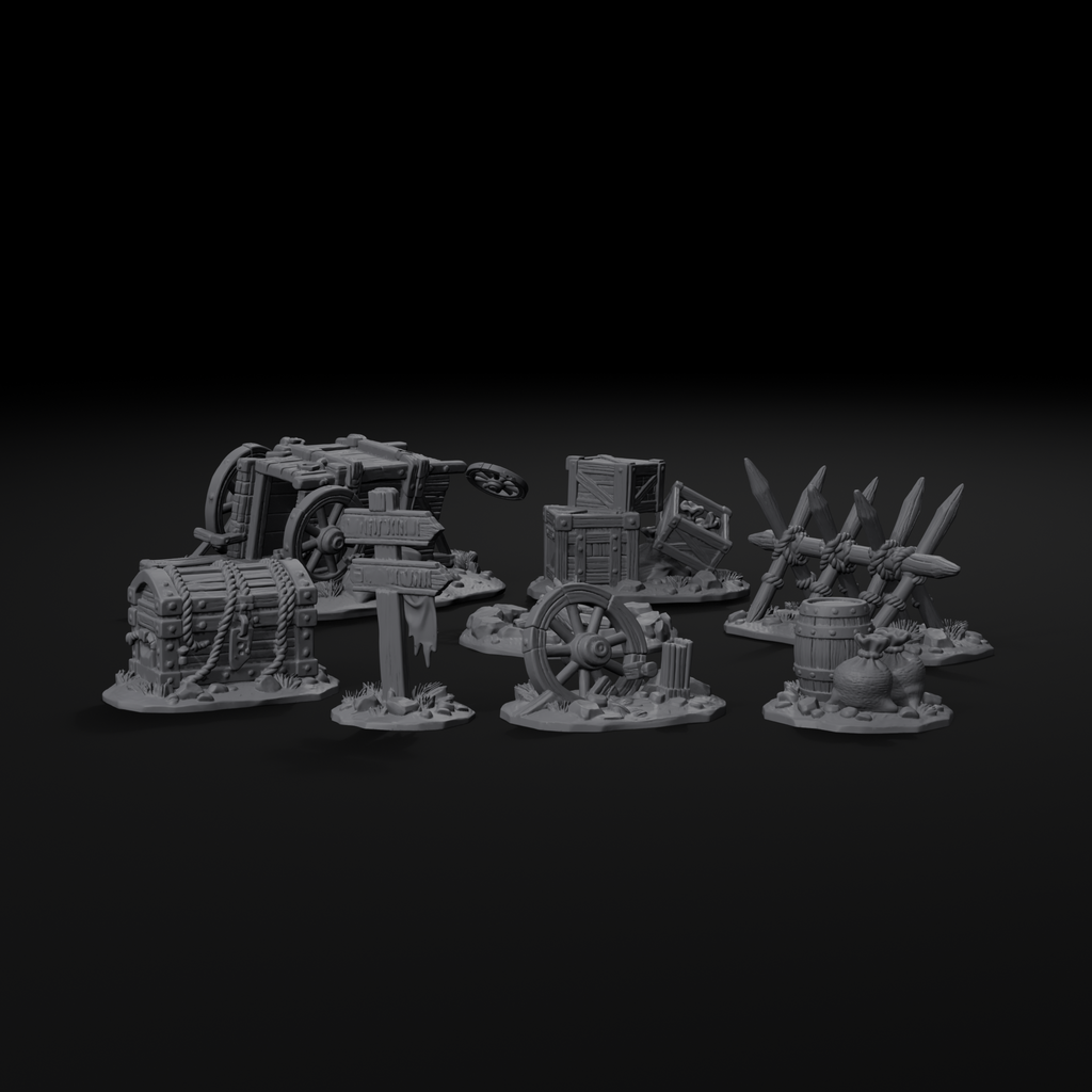 Ambush scatter terrain set for D&D, front view, unpainted resin