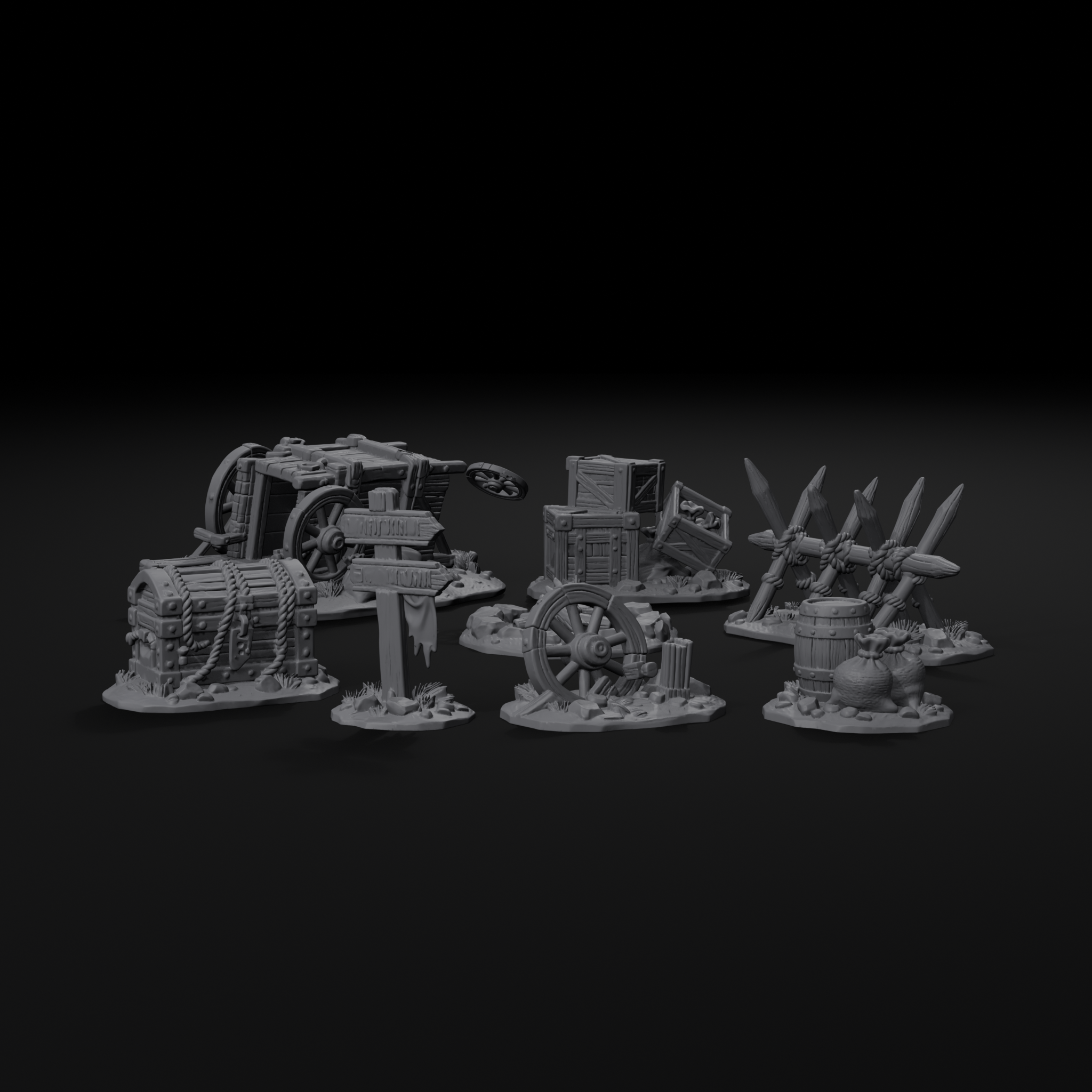 Ambush scatter terrain set for D&D, front view, unpainted resin