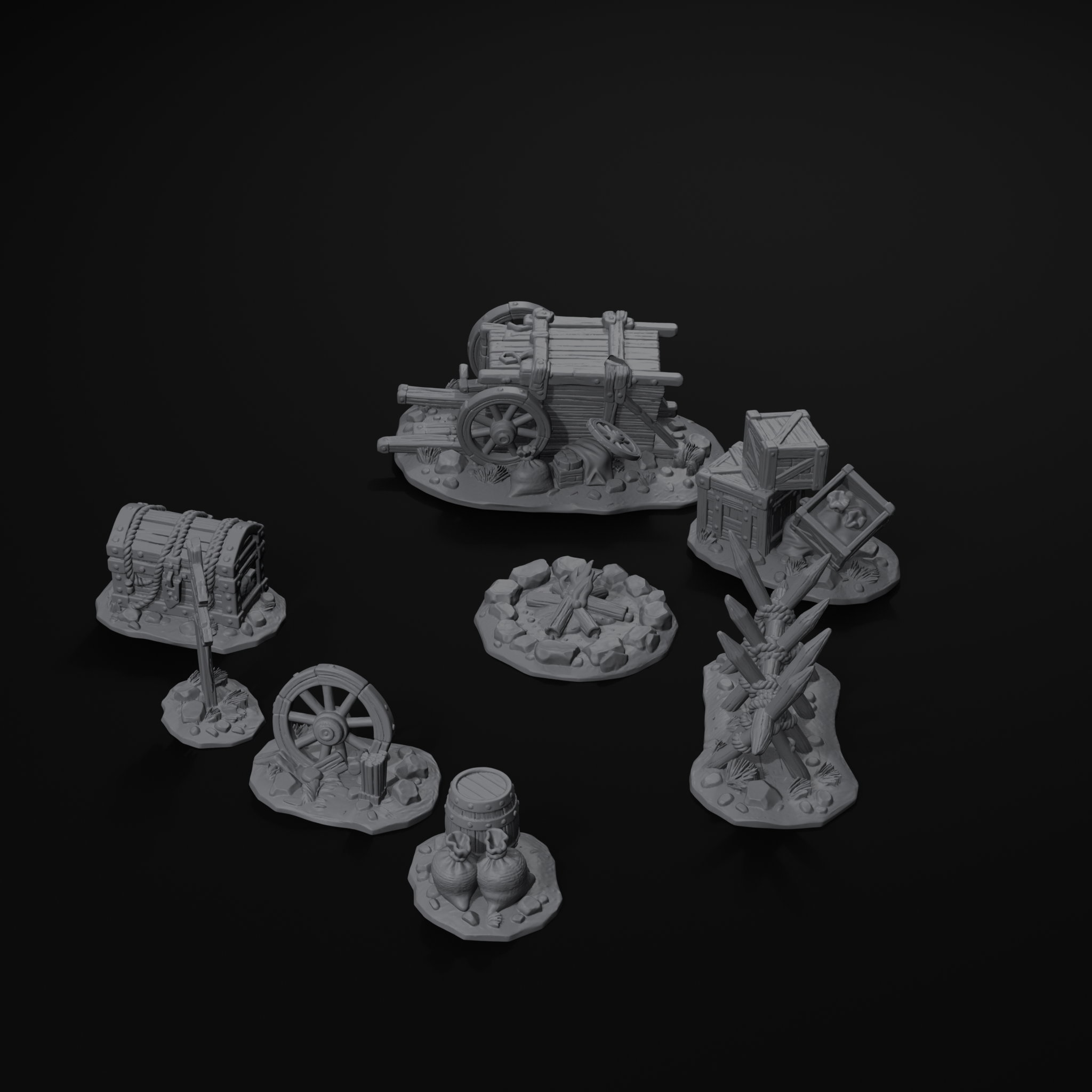 Ambush scatter terrain set for D&D, isometric view, unpainted resin