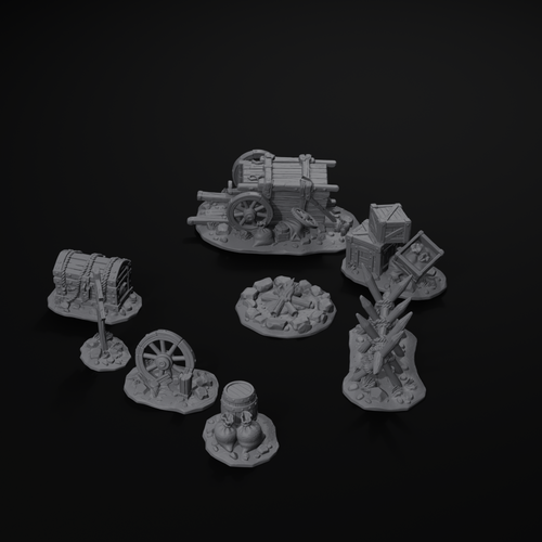 Ambush scatter terrain set for D&D, isometric view, unpainted resin
