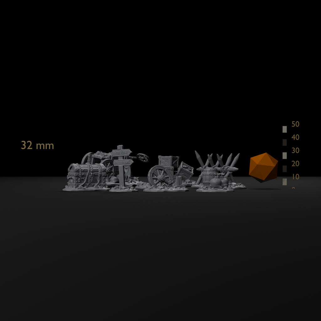 Ambush scatter terrain set for D&D size reference beside a 20mm d20 and a millimeter scale bar