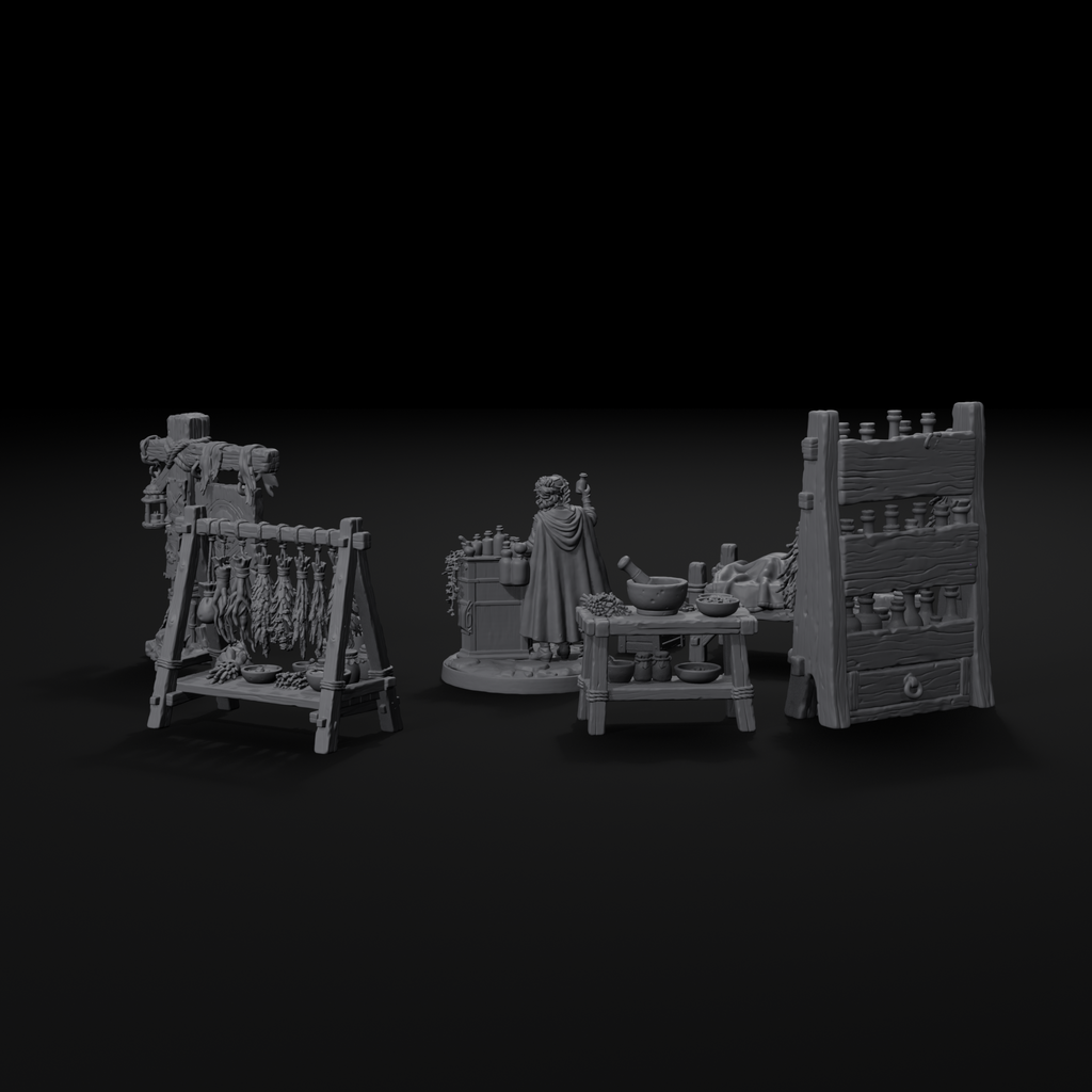 Apothecary scatter terrain set for D&D, back view, unpainted resin
