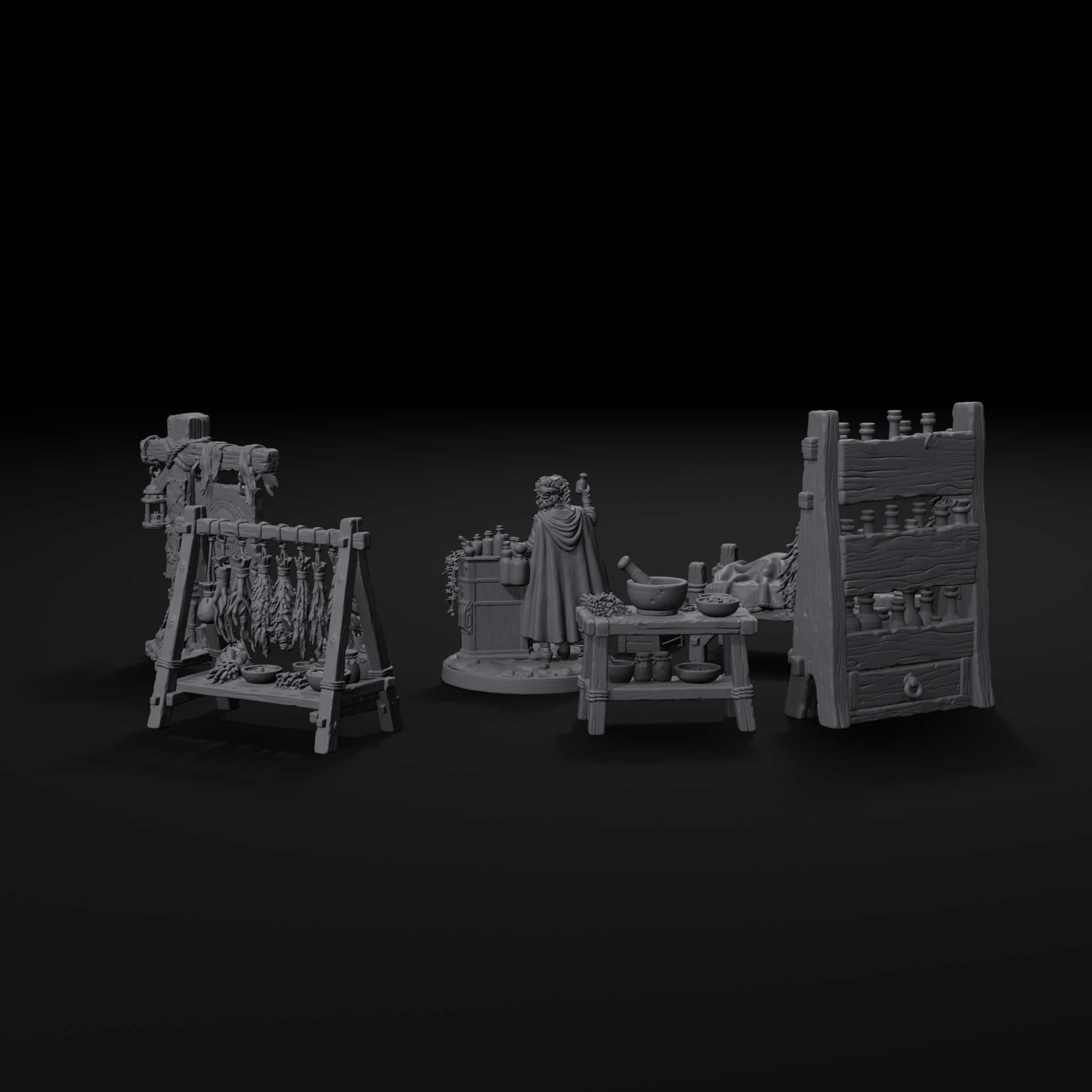 Apothecary scatter terrain set for D&D, back view, unpainted resin
