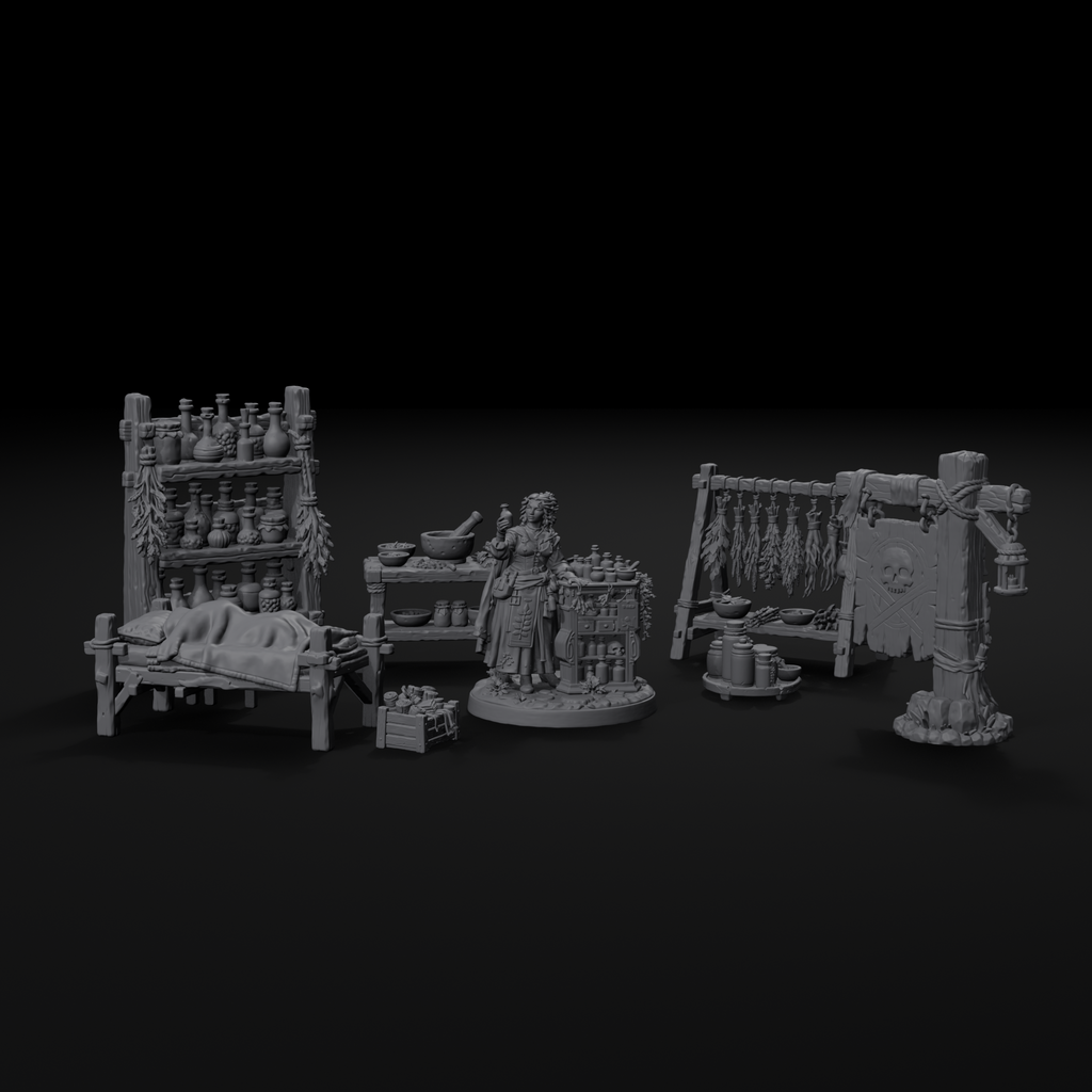 Apothecary scatter terrain set for D&D, front view, unpainted resin