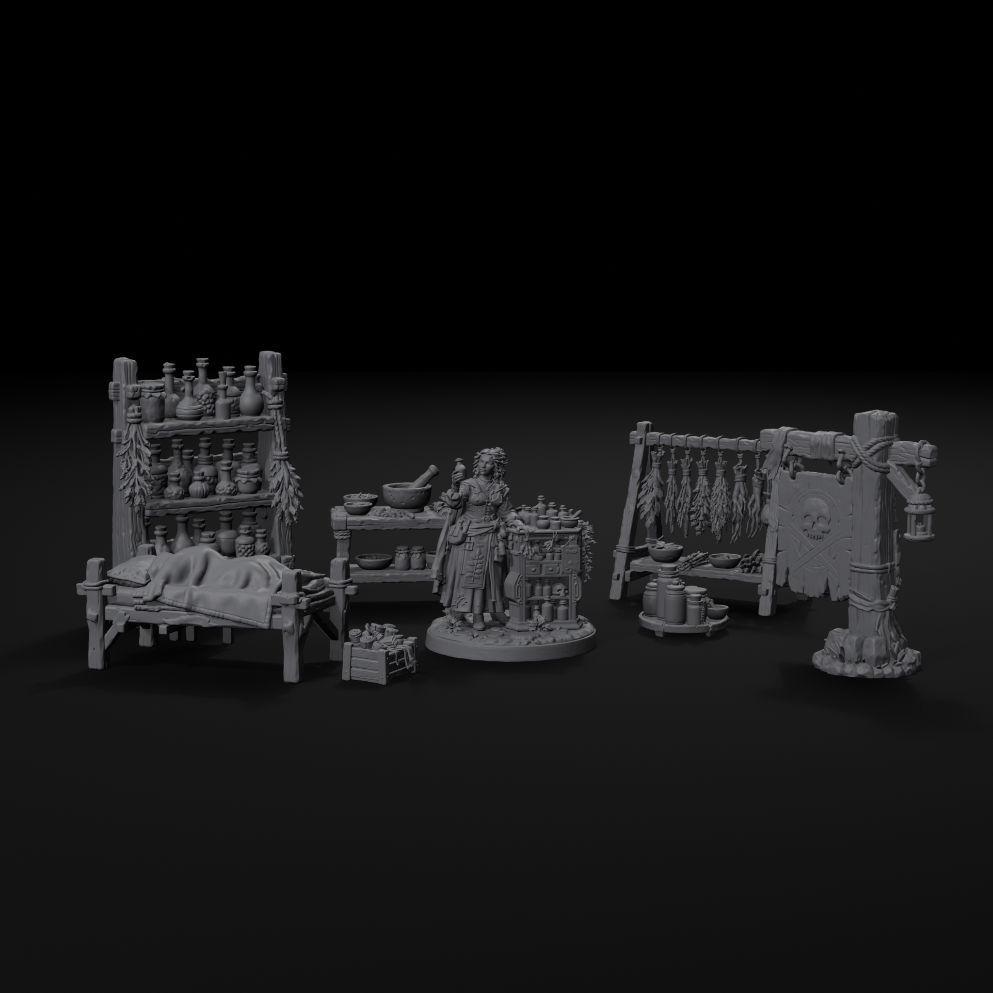 Apothecary scatter terrain set for D&D, front view, unpainted resin
