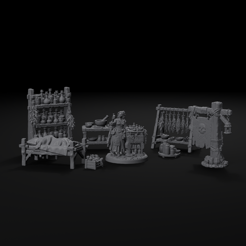 Apothecary scatter terrain set for D&D, front view, unpainted resin