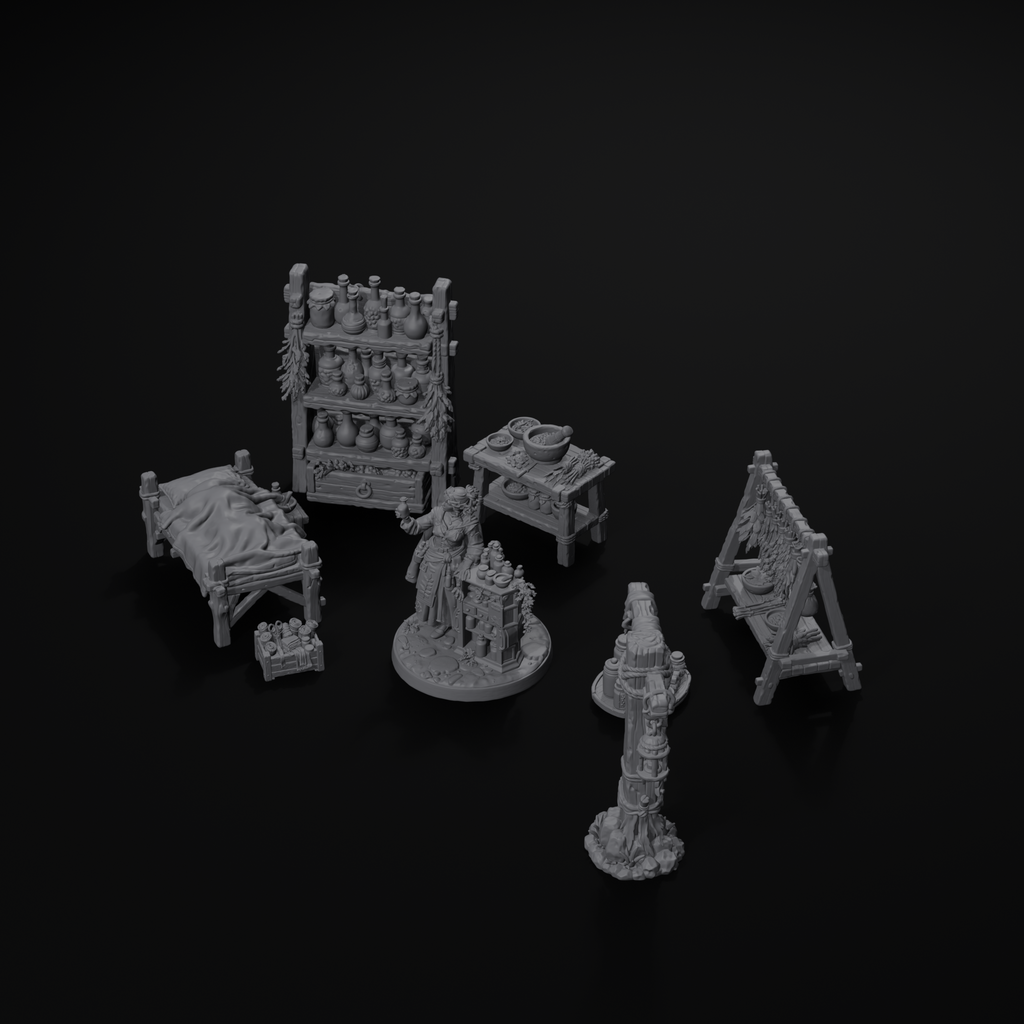 Apothecary scatter terrain set for D&D, isometric view, unpainted resin