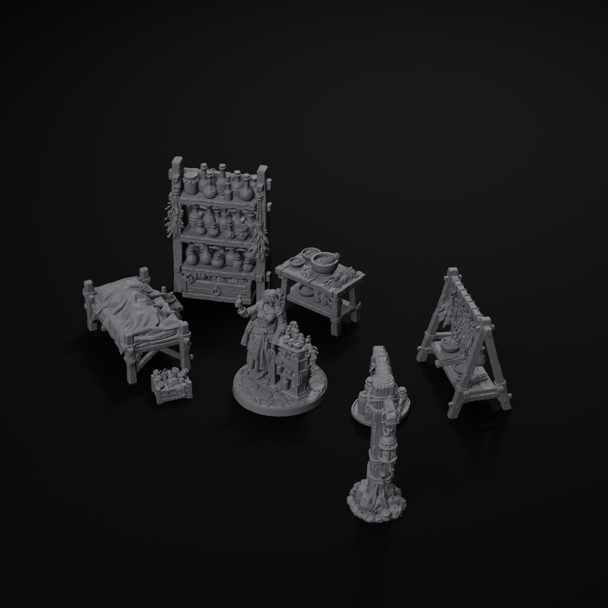Apothecary scatter terrain set for D&D, isometric view, unpainted resin