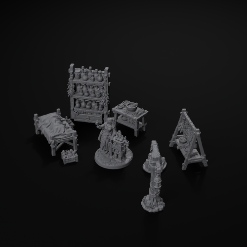 Apothecary scatter terrain set for D&D, isometric view, unpainted resin