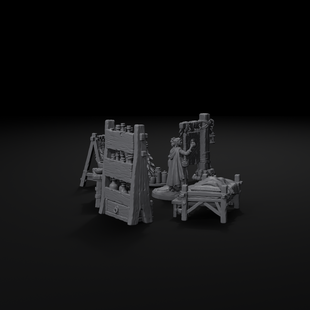 Apothecary scatter terrain set for D&D, left view, unpainted resin