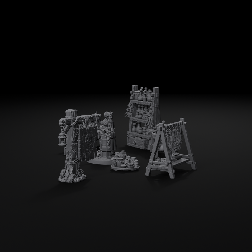 Apothecary scatter terrain set for D&D, right view, unpainted resin