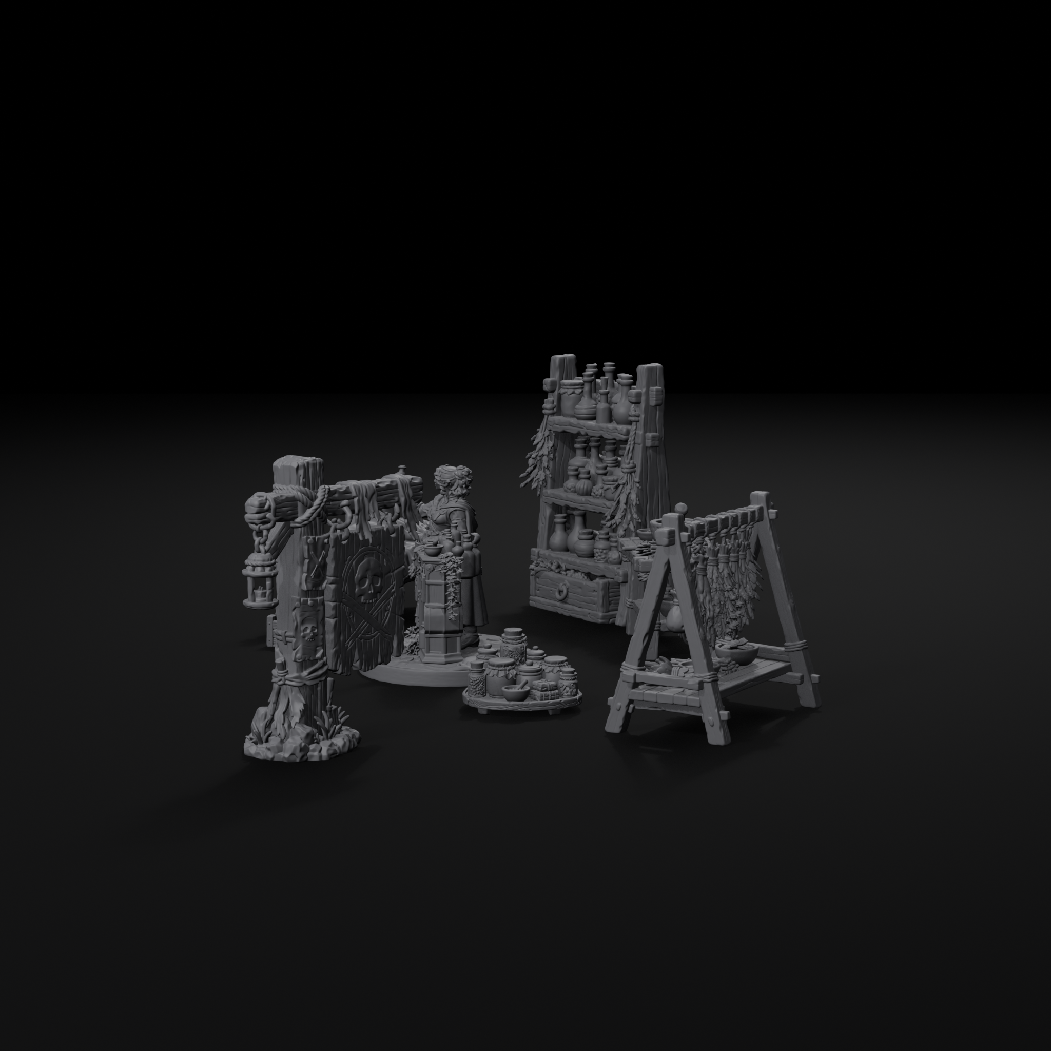 Apothecary scatter terrain set for D&D, right view, unpainted resin