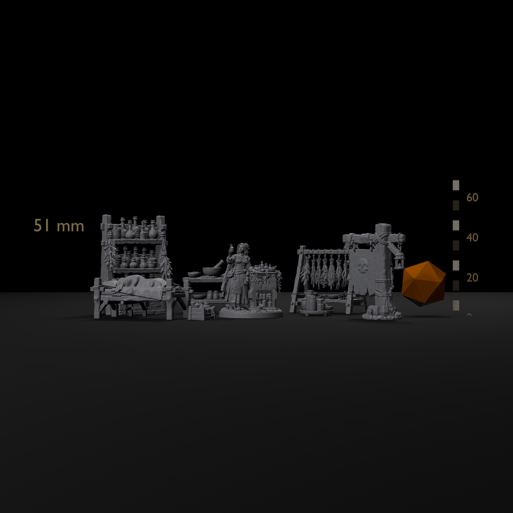 Apothecary scatter terrain set for D&D size reference beside a 20mm d20 and a millimeter scale bar