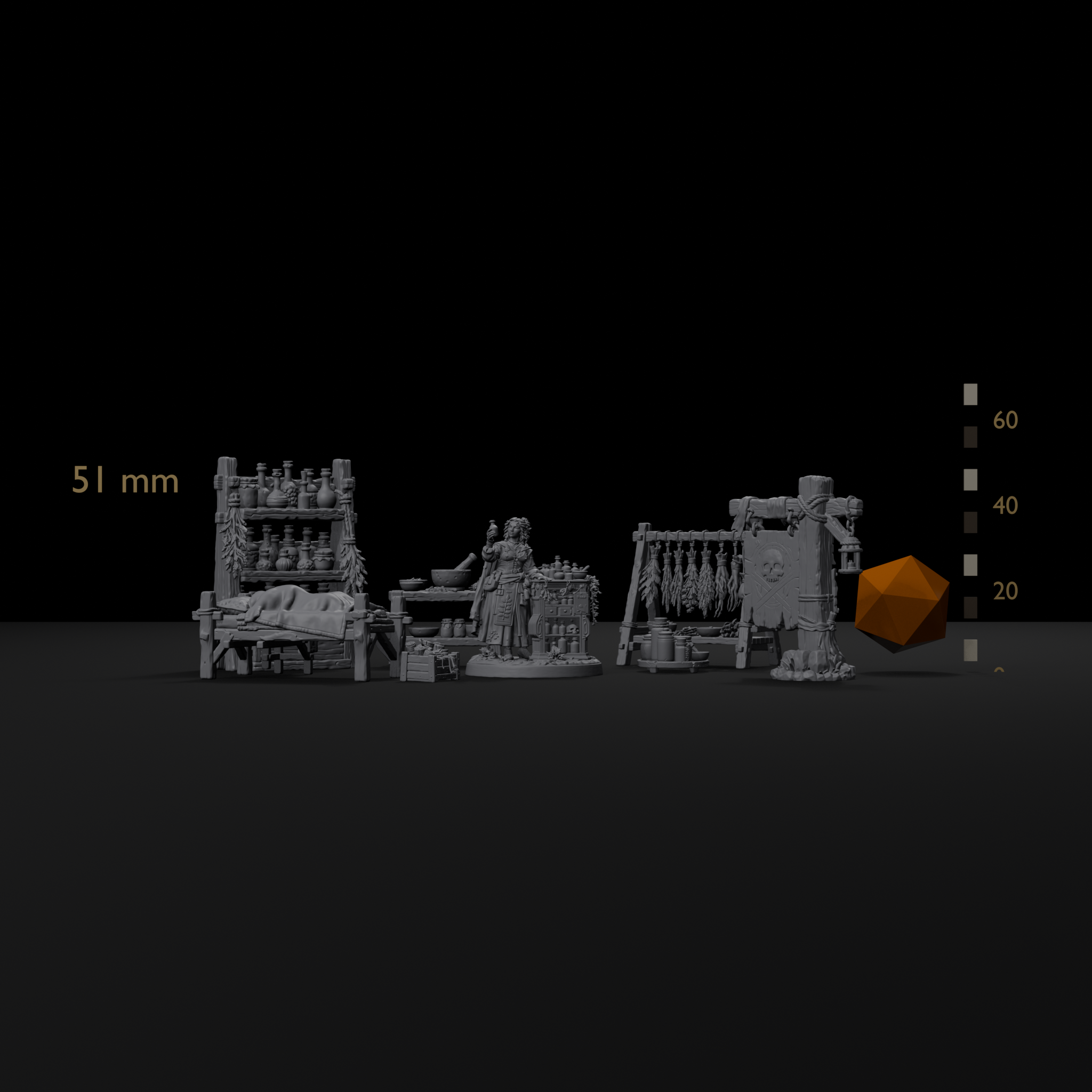 Apothecary scatter terrain set for D&D size reference beside a 20mm d20 and a millimeter scale bar