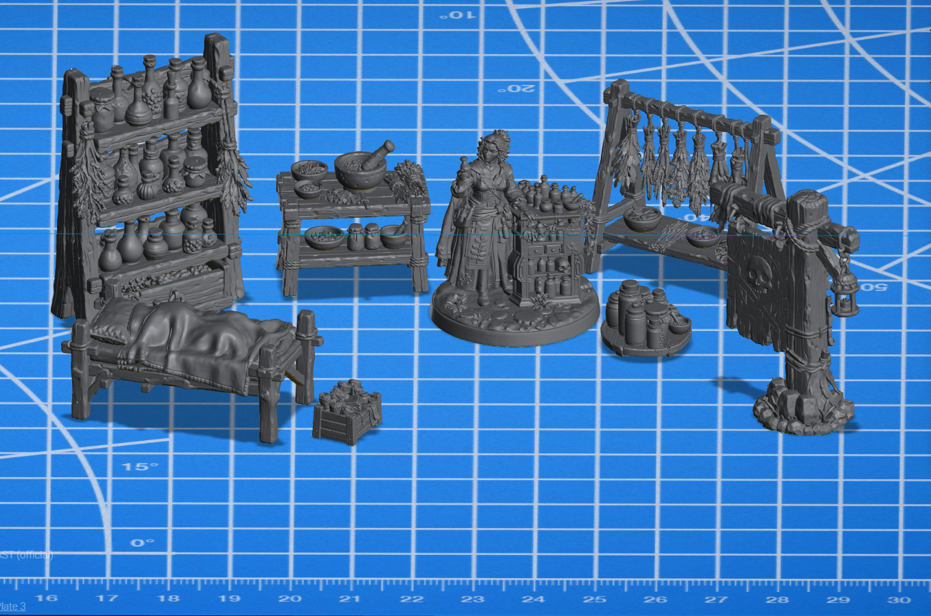 Example contents of a Dice Warden Forge one-shot box, themed apothecary terrain set
