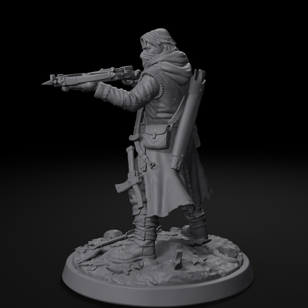 Human bandit D&D miniature, back view, unpainted resin