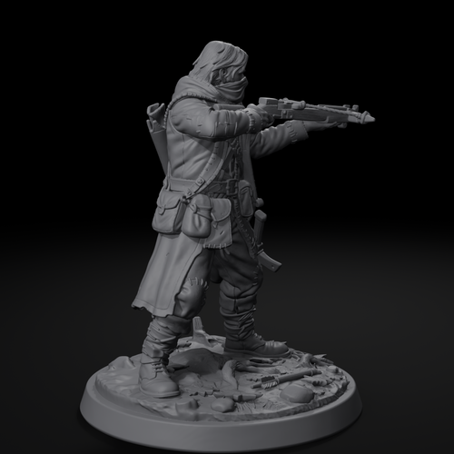 Human bandit D&D miniature, front view, unpainted resin