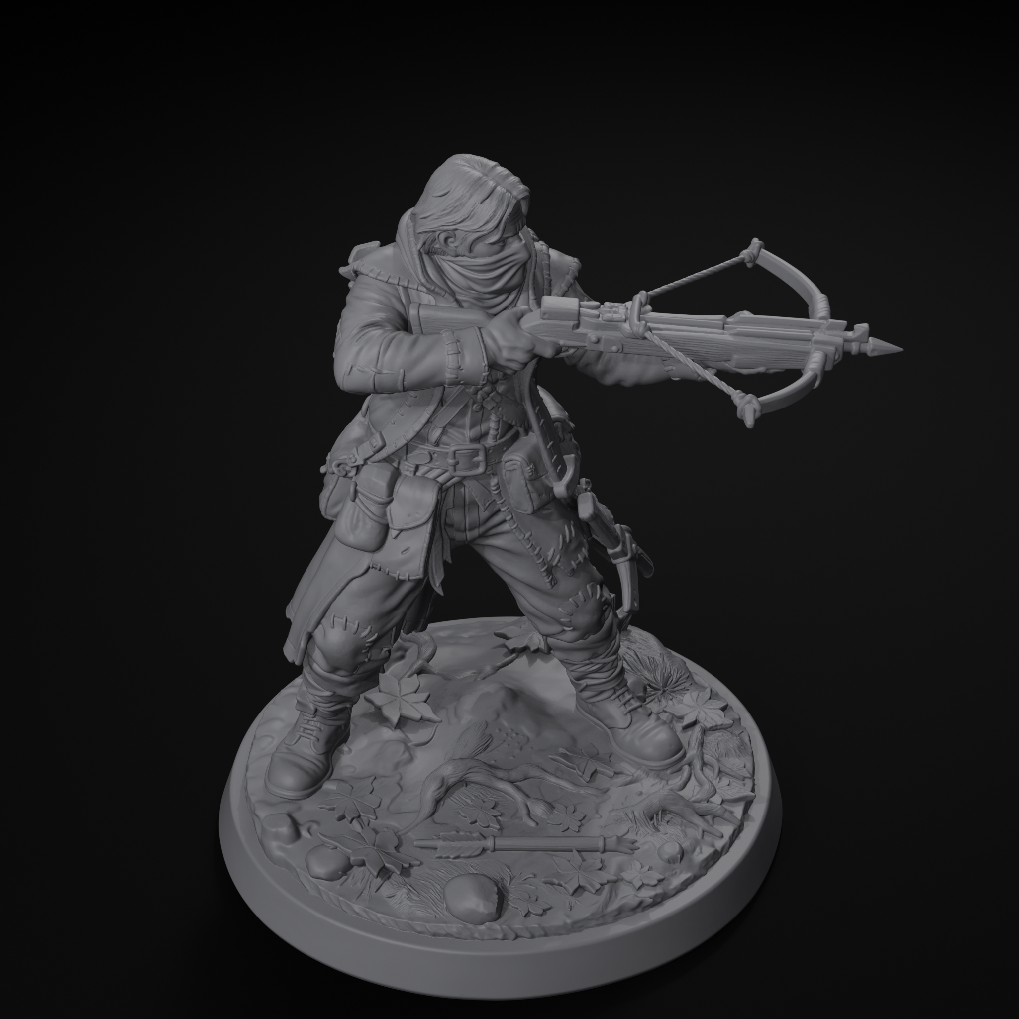 Human bandit D&D miniature, isometric view, unpainted resin
