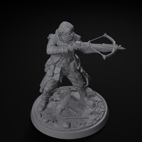 Human bandit D&D miniature, isometric view, unpainted resin