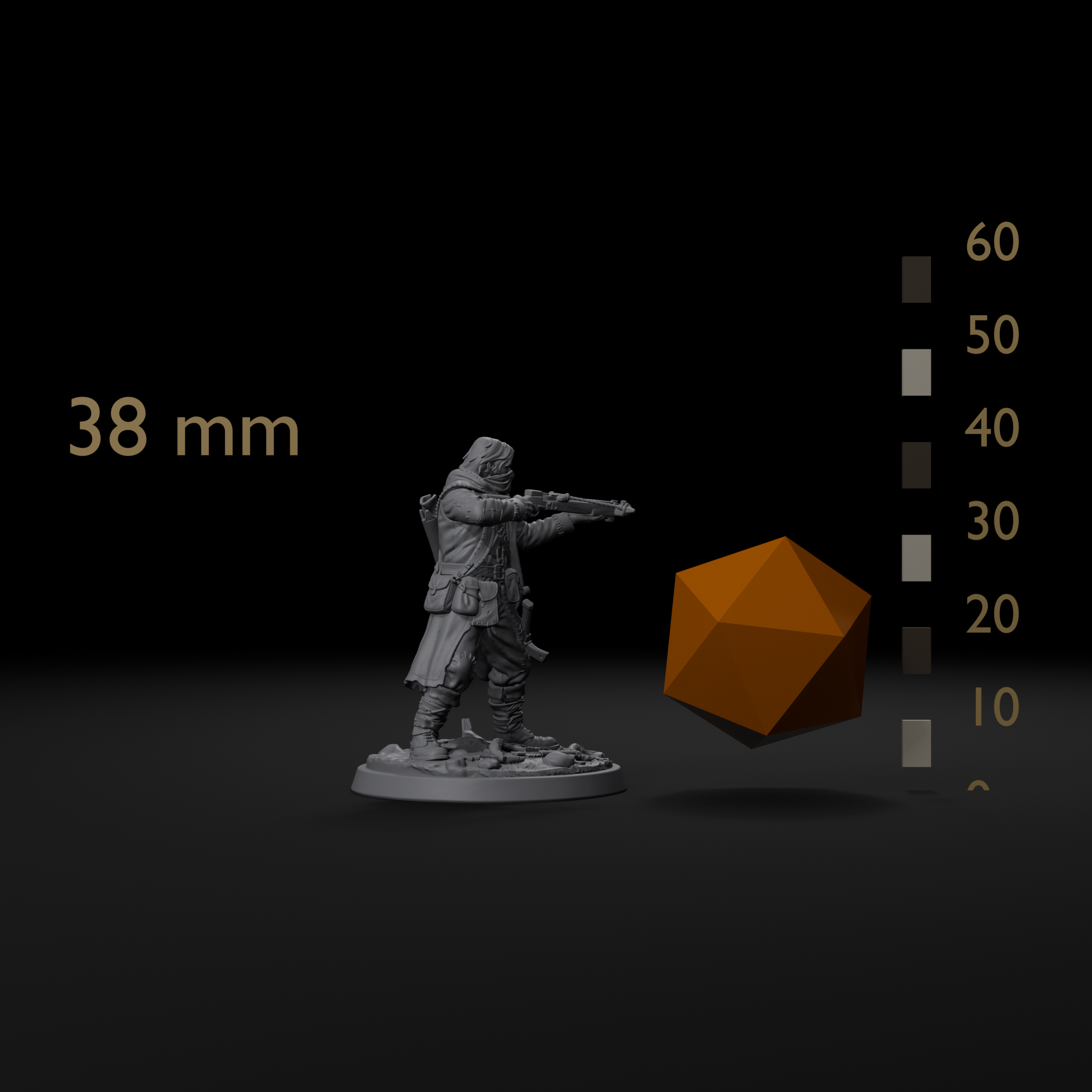 Human bandit D&D miniature size reference beside a 20mm d20 and a millimeter scale bar