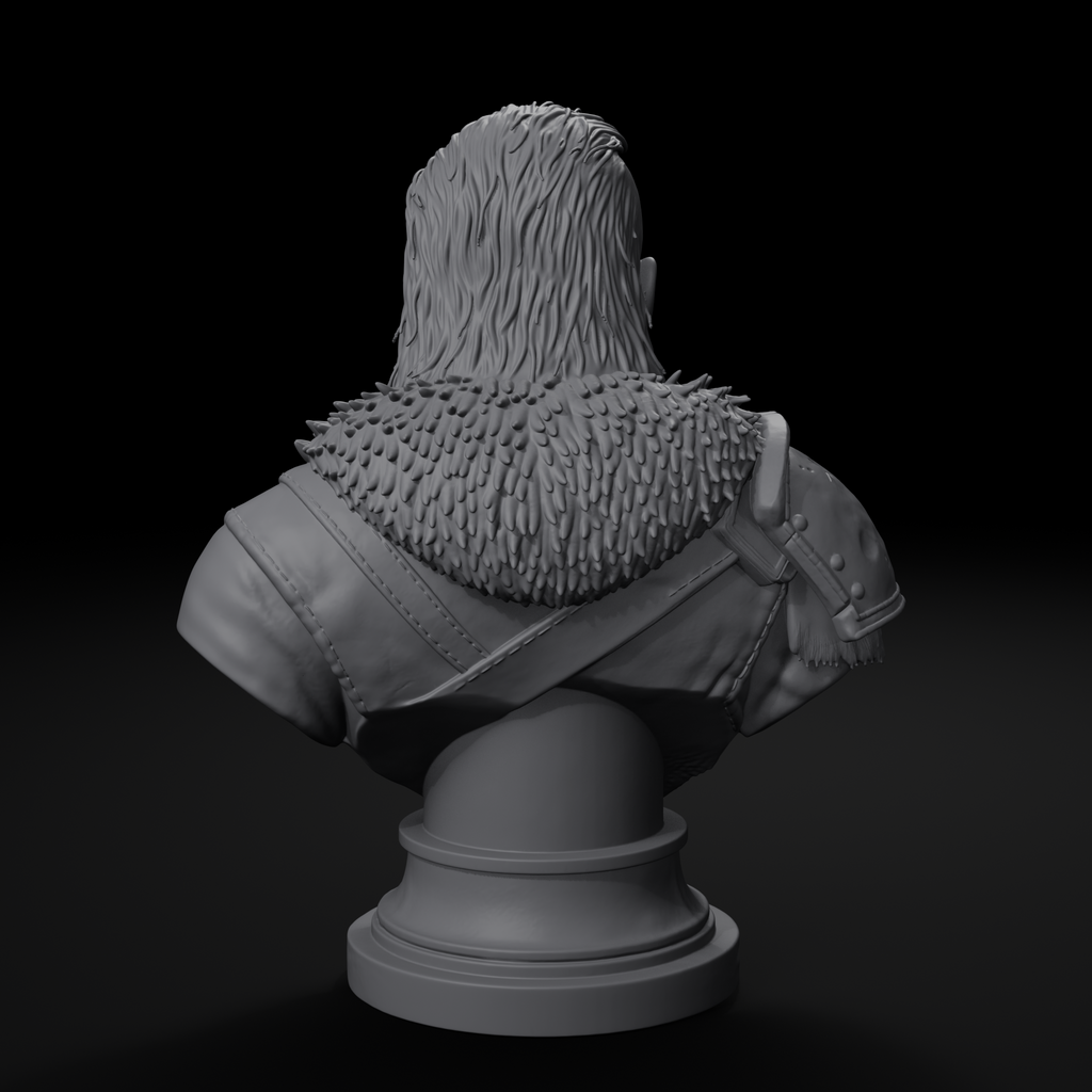 Scarred warrior character display bust, back view, unpainted resin