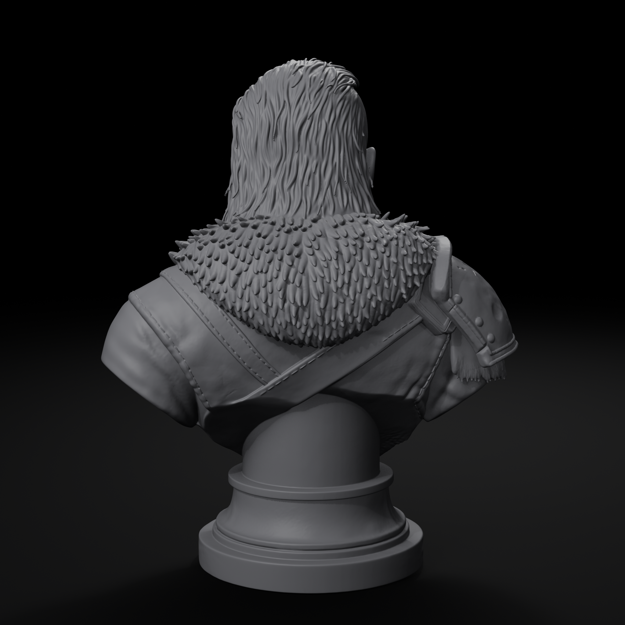 Scarred warrior character display bust, back view, unpainted resin