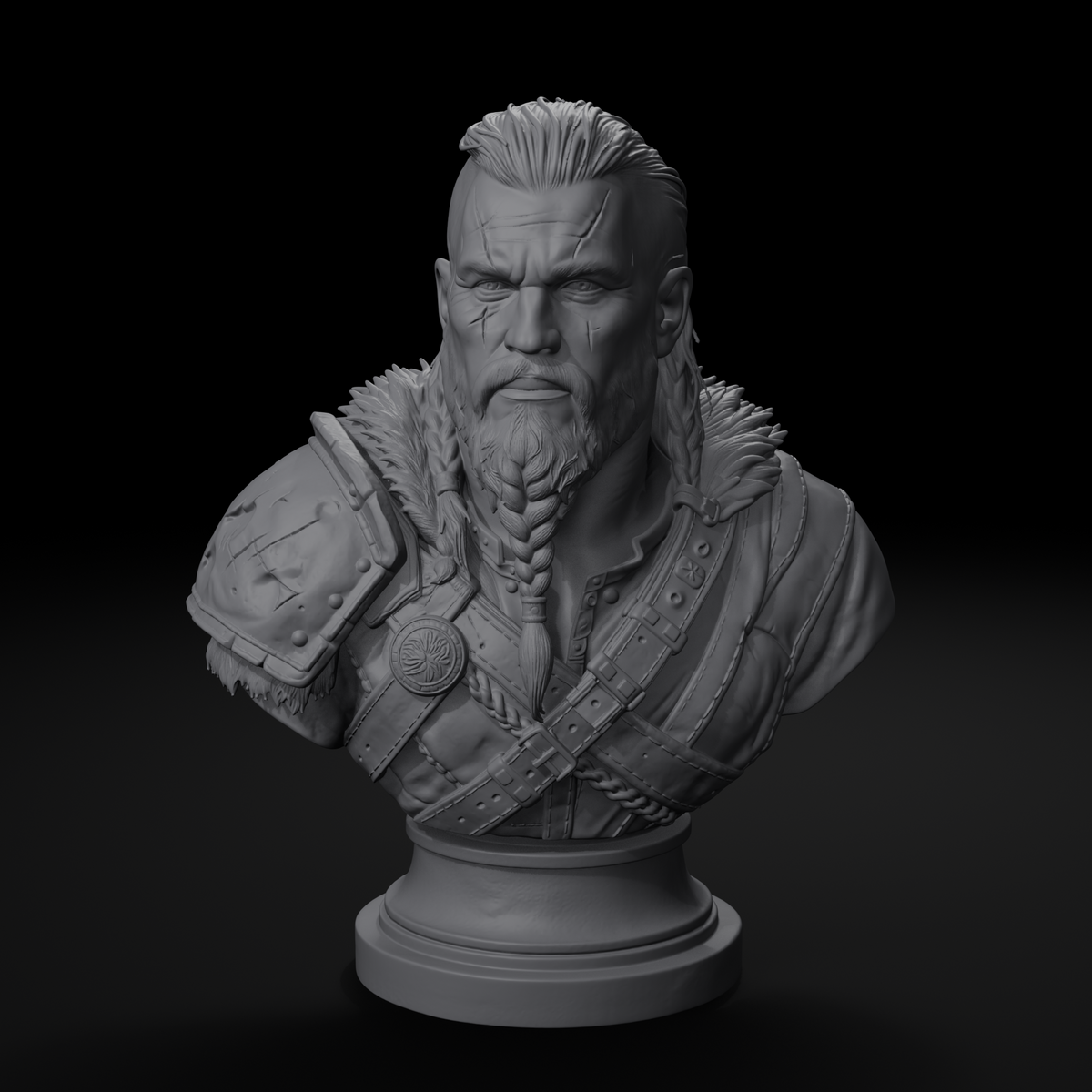 Scarred warrior bust STL file — front view
