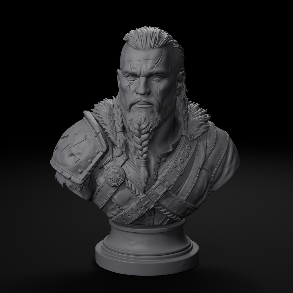 Scarred warrior character display bust, front view, unpainted resin