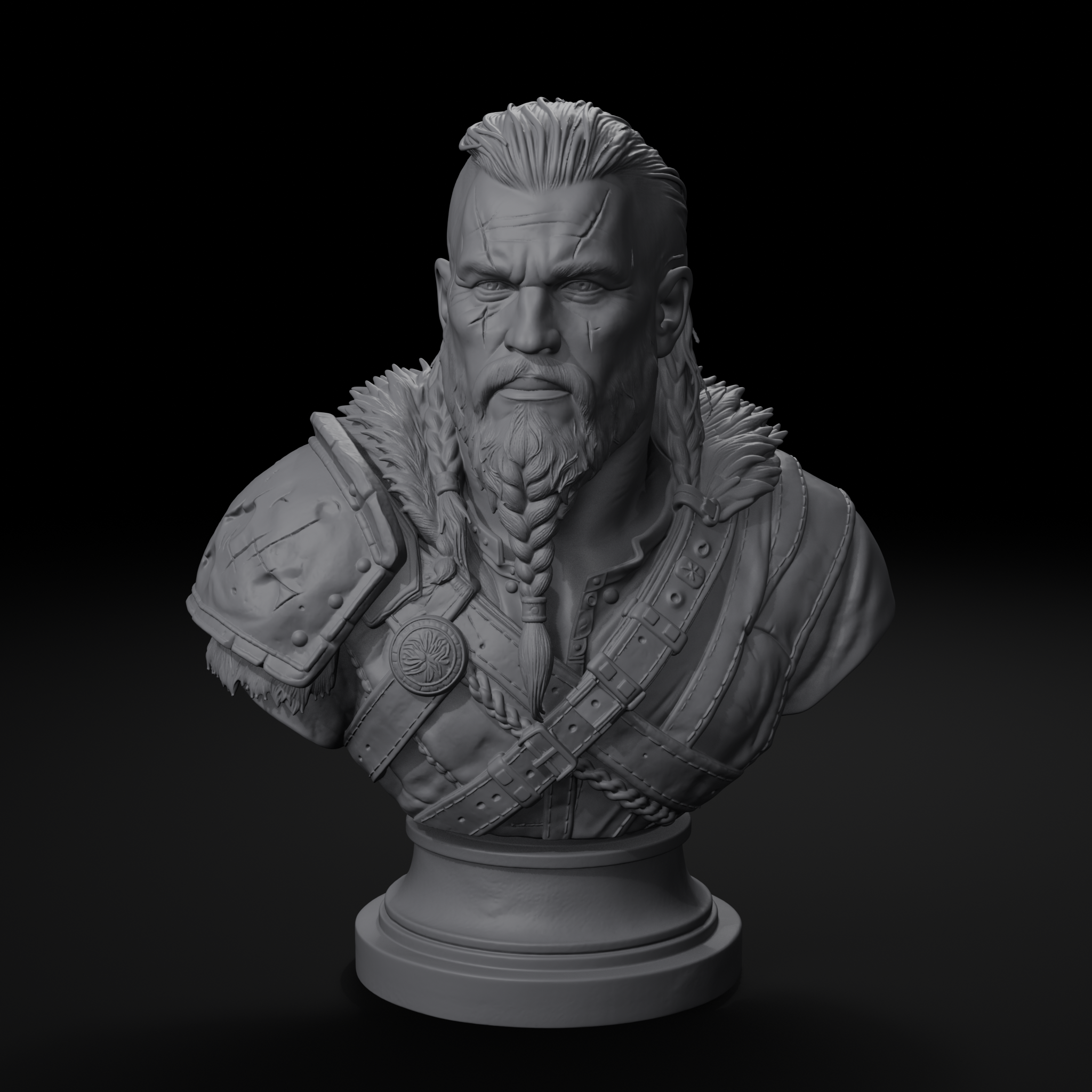 Scarred warrior character display bust, front view, unpainted resin