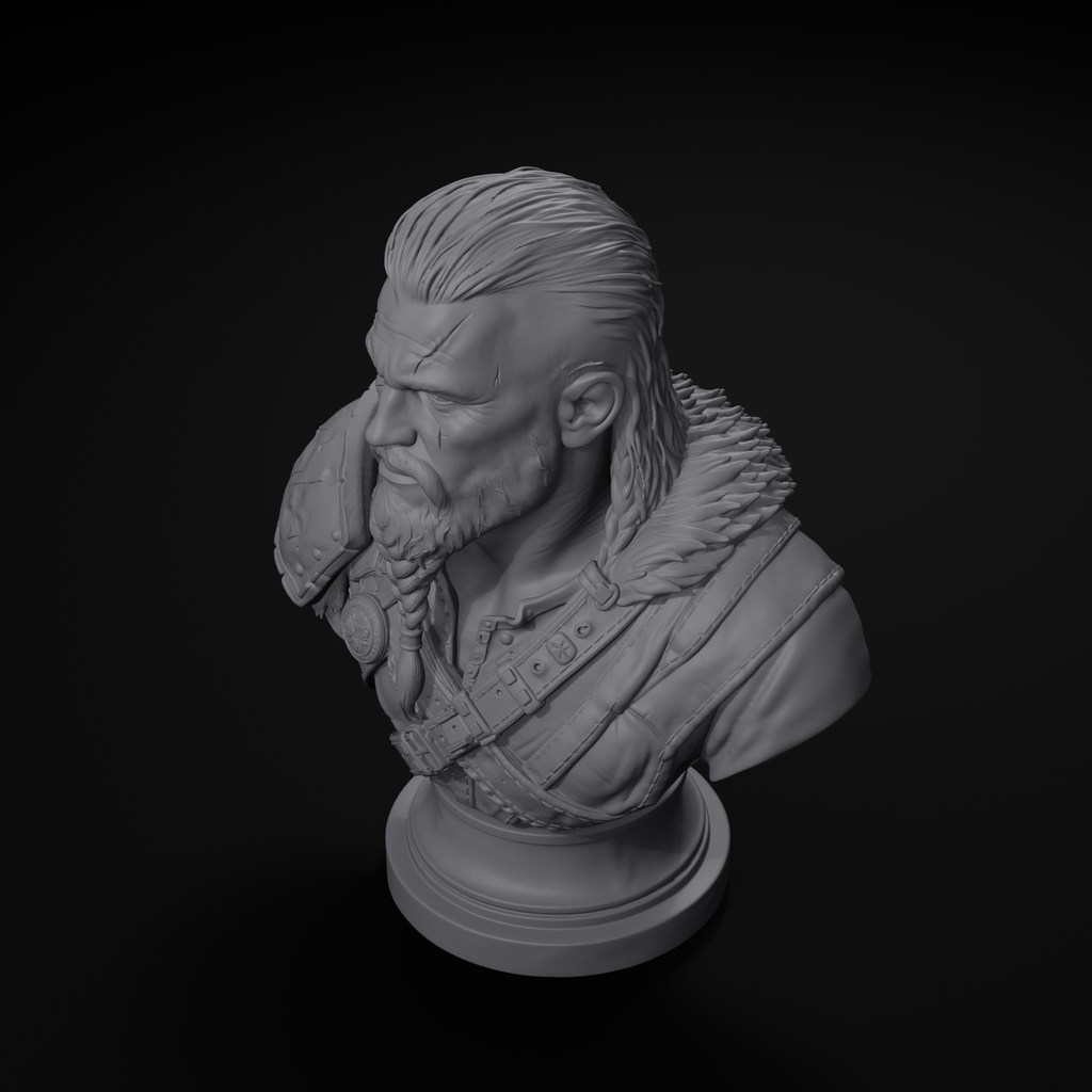 Scarred warrior character display bust, isometric view, unpainted resin