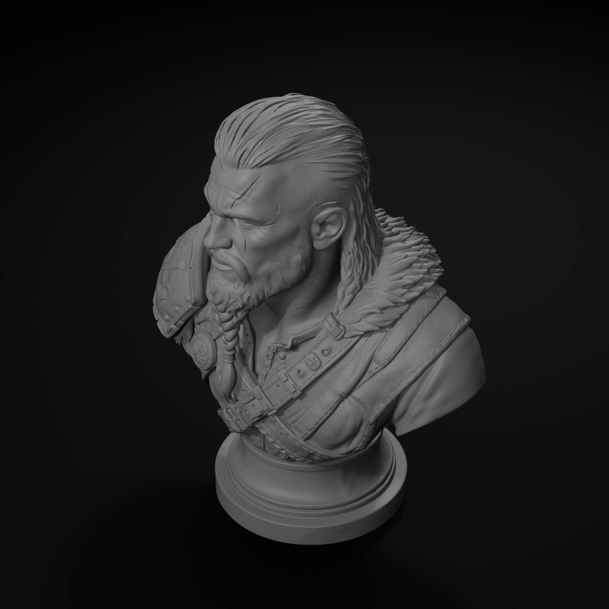Scarred warrior character display bust, isometric view, unpainted resin