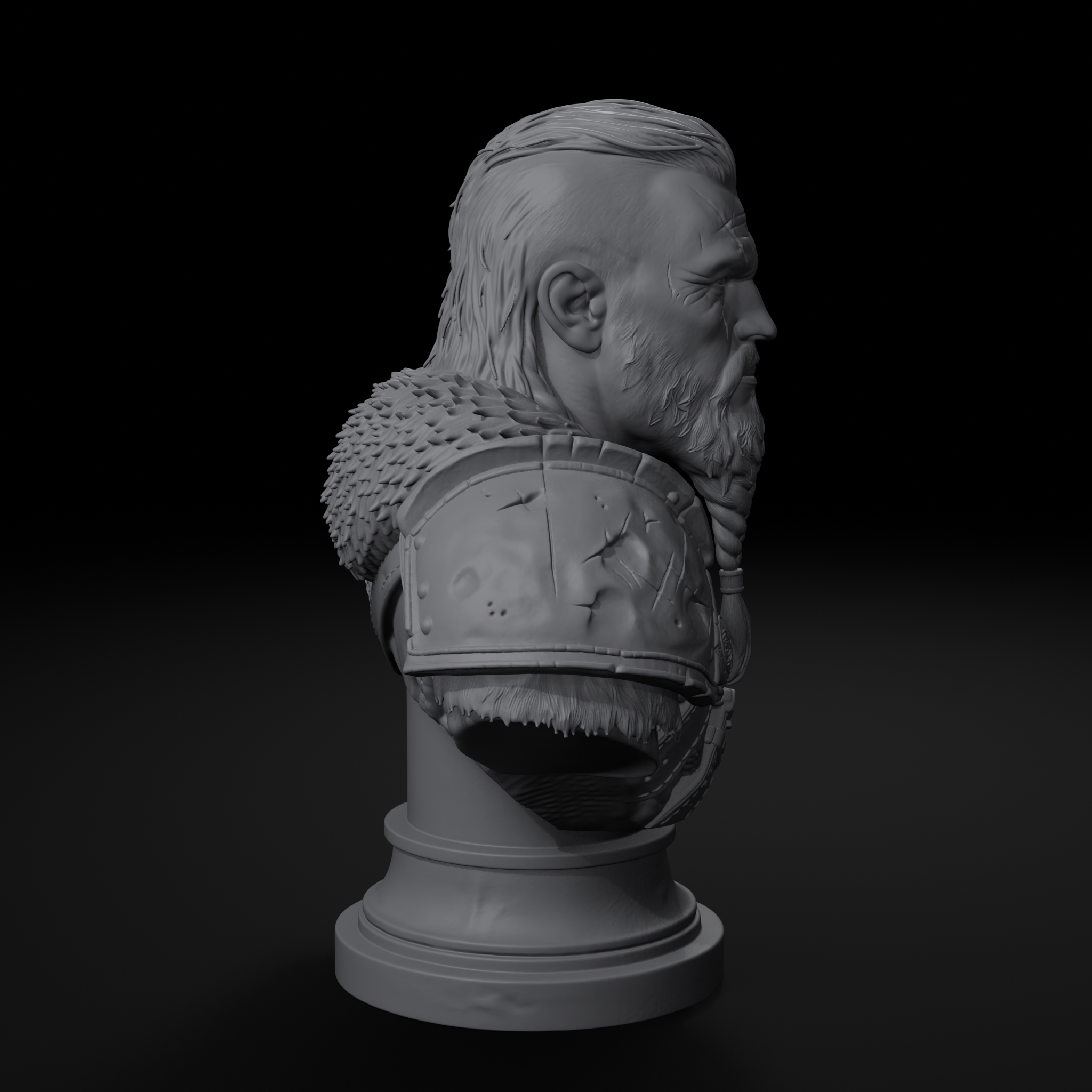 Scarred warrior character display bust, left view, unpainted resin