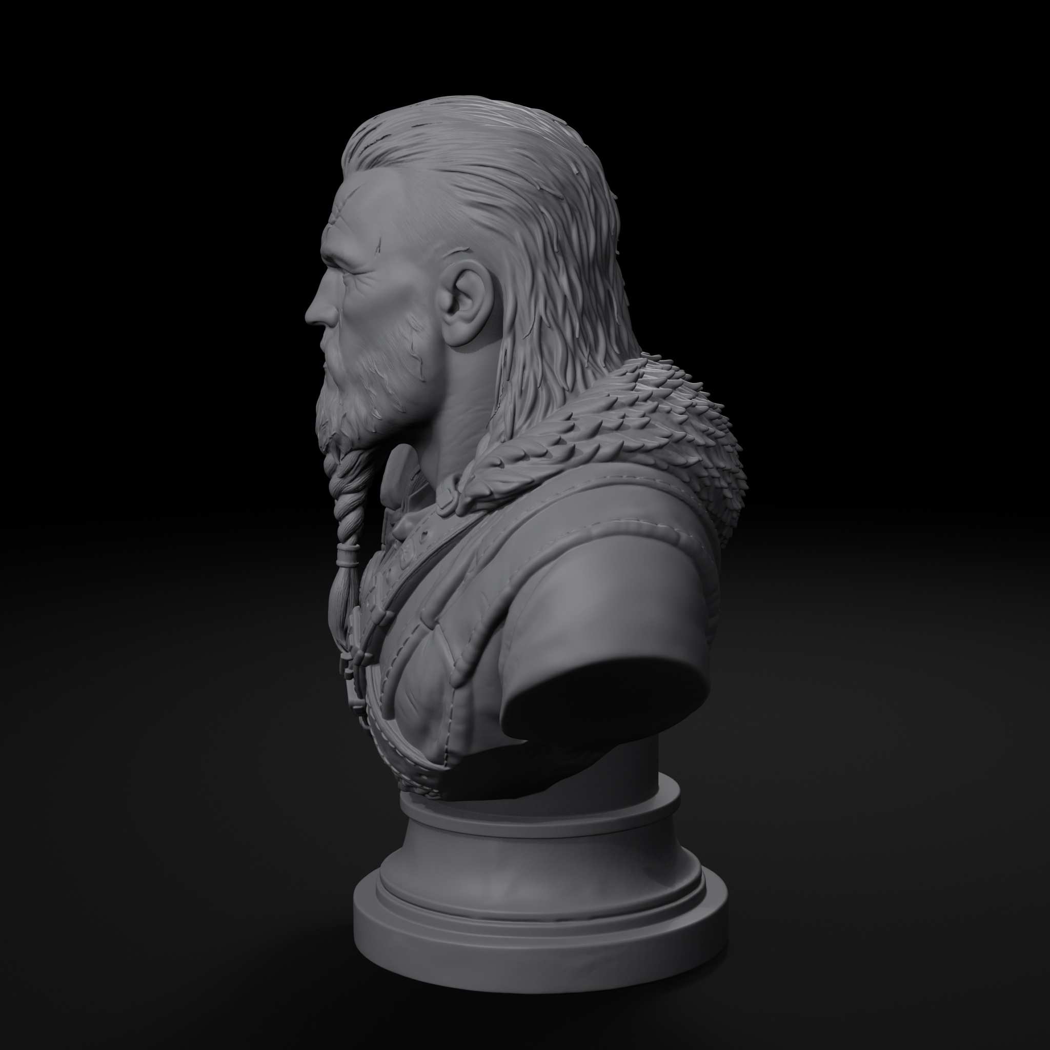 Scarred warrior character display bust, right view, unpainted resin