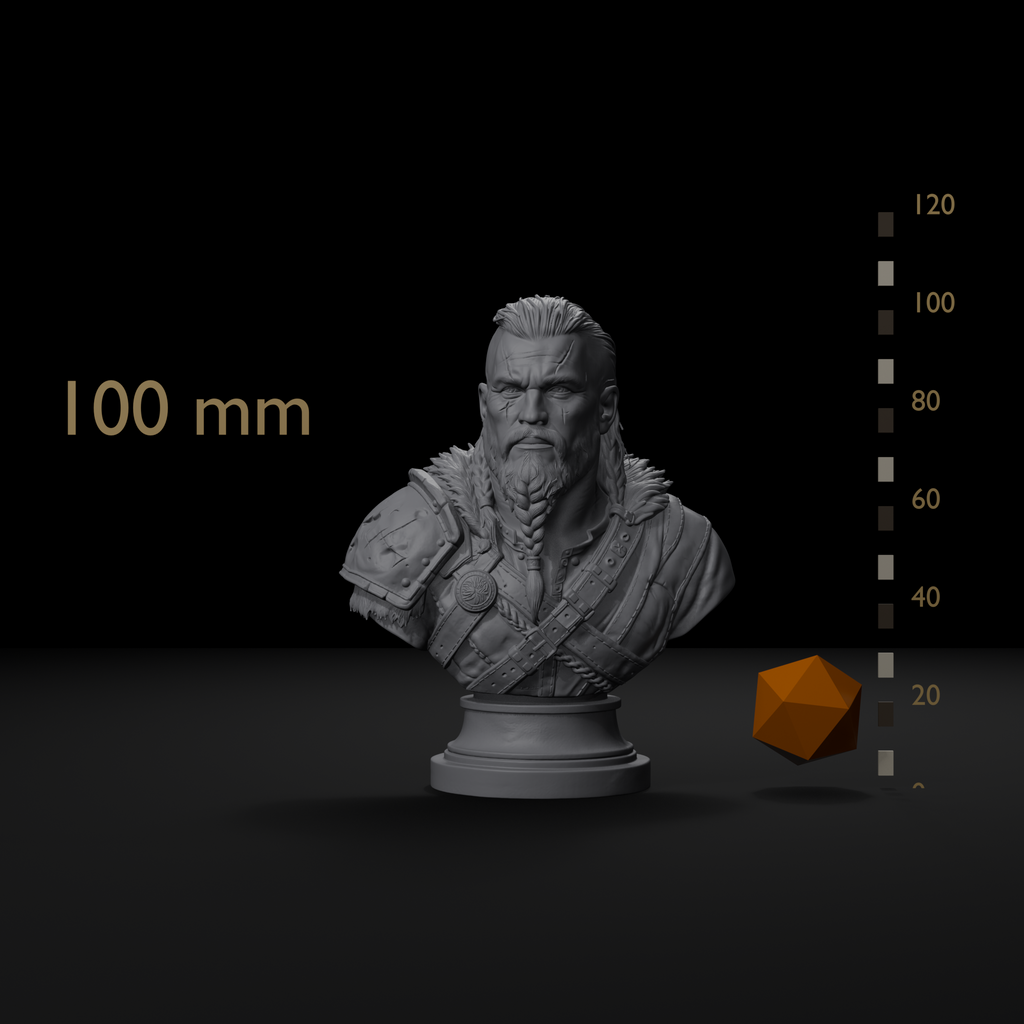 Scarred warrior character display bust size reference beside a 20mm d20 and a millimeter scale bar