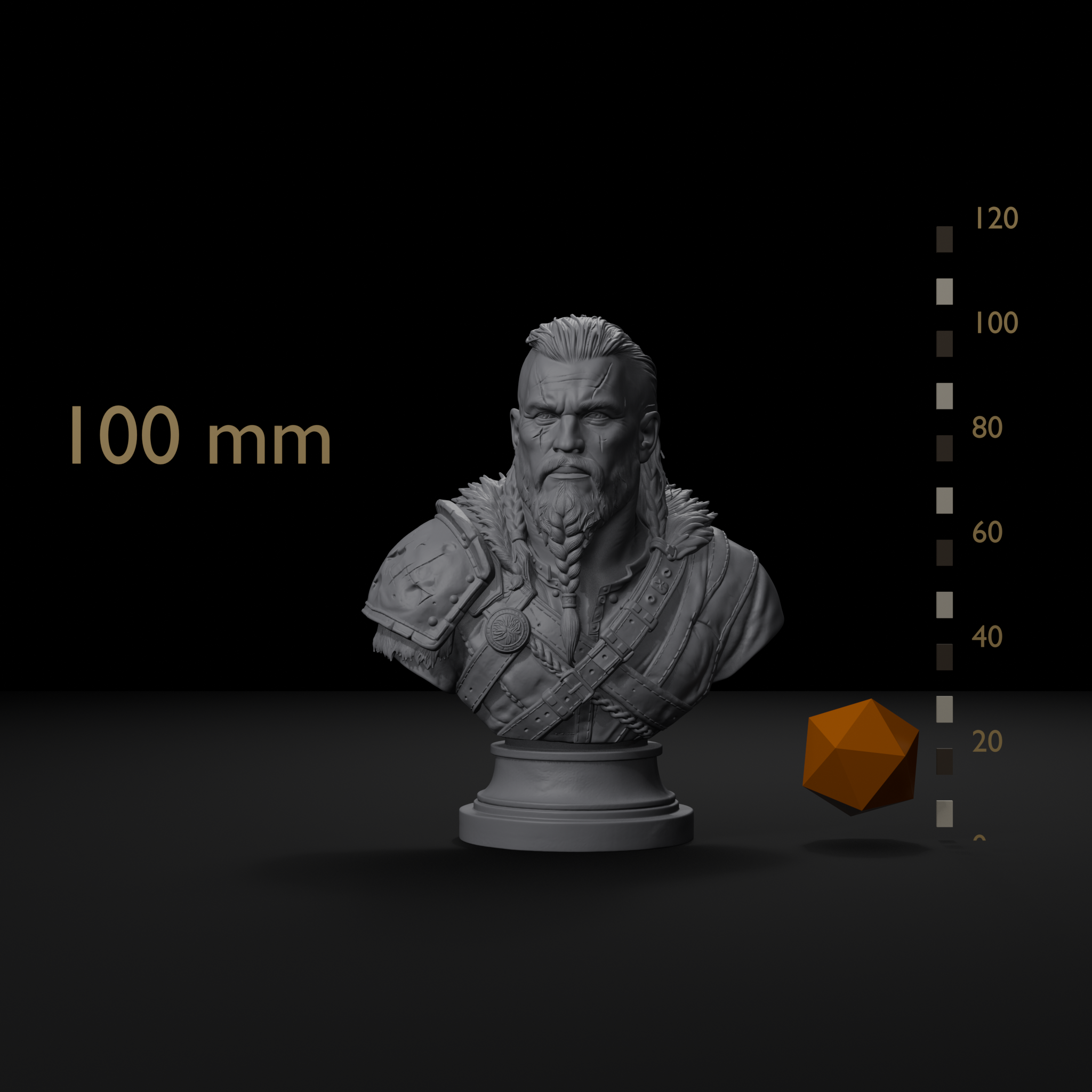 Scarred warrior character display bust size reference beside a 20mm d20 and a millimeter scale bar