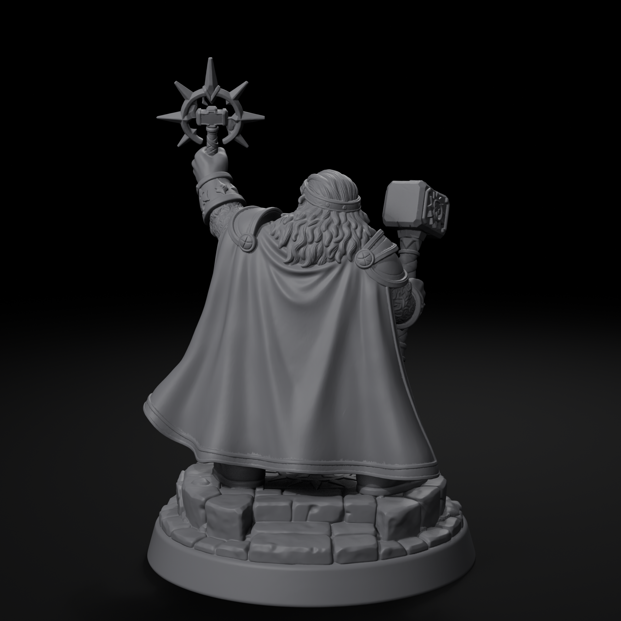 Dwarven cleric D&D miniature, back view, unpainted resin