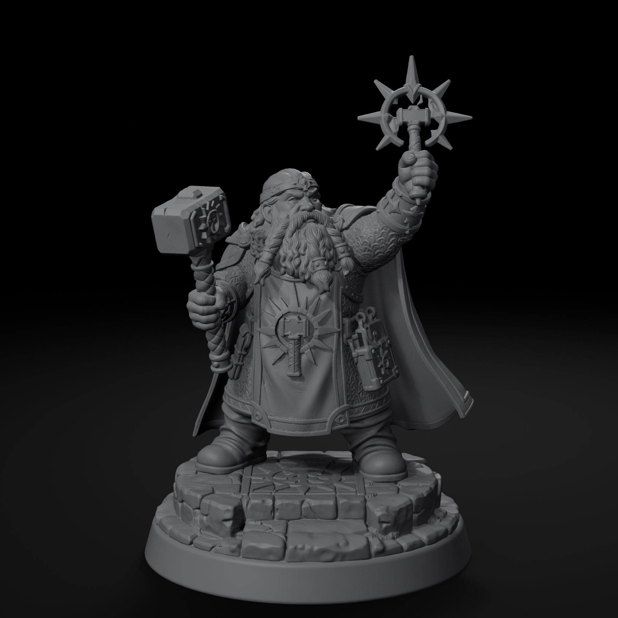 Dwarven cleric D&D miniature, front view, unpainted resin