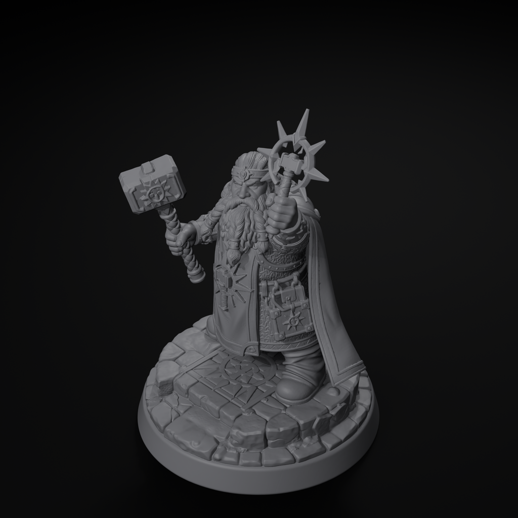 Dwarven cleric D&D miniature, isometric view, unpainted resin