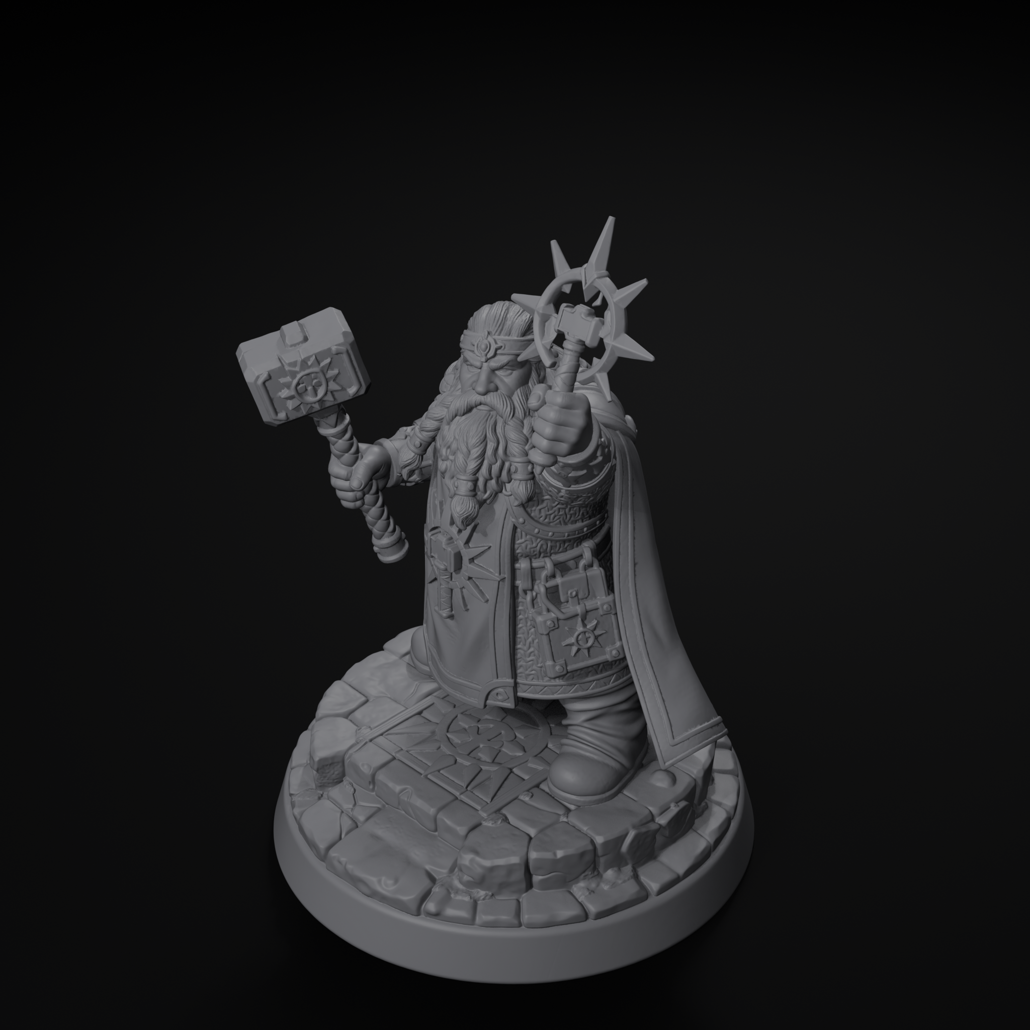 Dwarven cleric D&D miniature, isometric view, unpainted resin