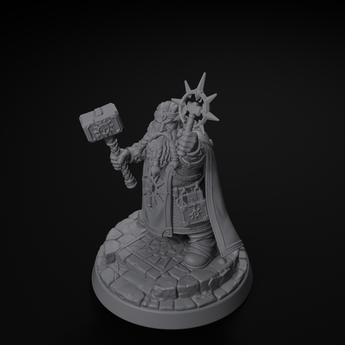 Dwarven cleric D&D miniature, isometric view, unpainted resin