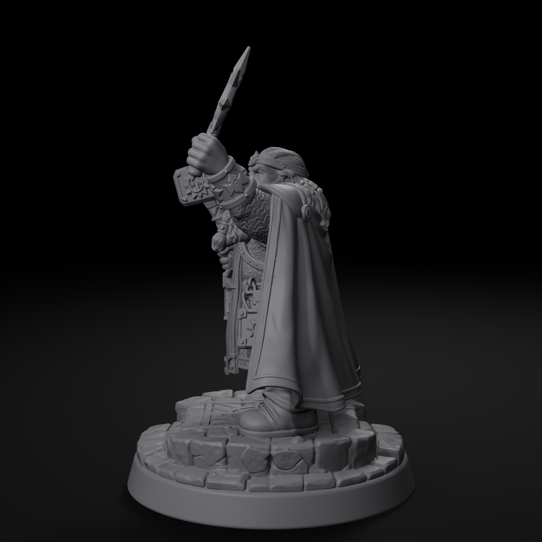 Dwarven cleric D&D miniature, right view, unpainted resin