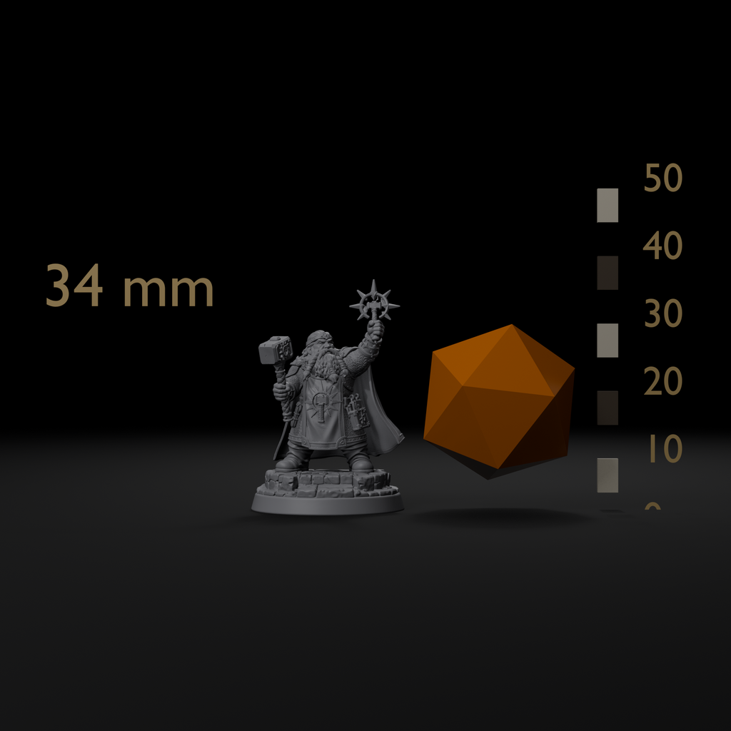 Dwarven cleric D&D miniature size reference beside a 20mm d20 and a millimeter scale bar