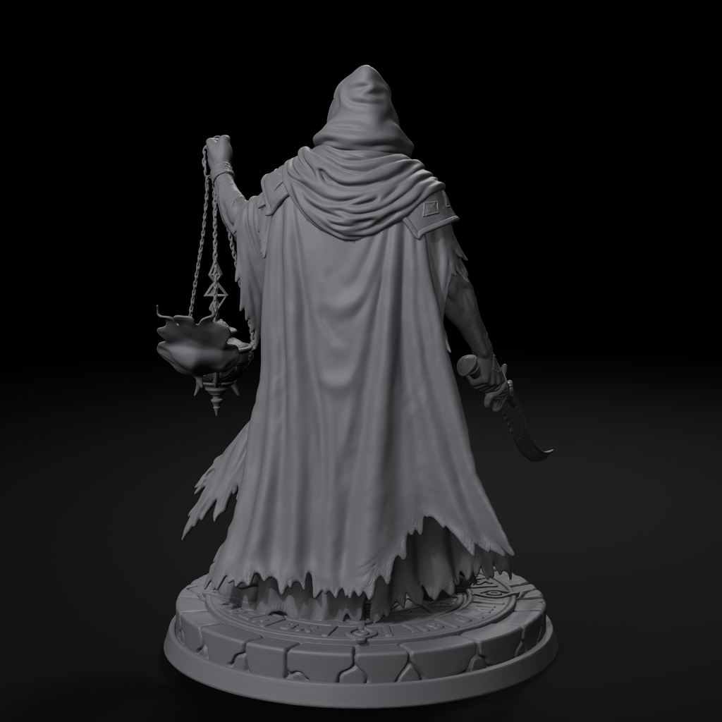 Robed cultist D&D miniature, back view, unpainted resin