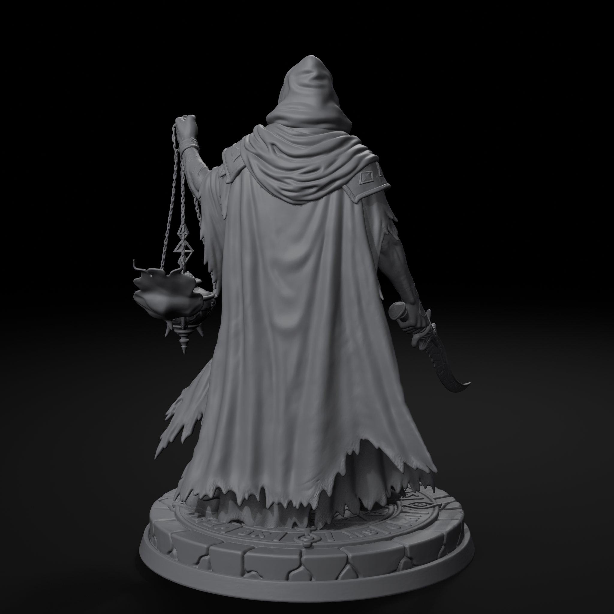 Robed cultist D&D miniature, back view, unpainted resin