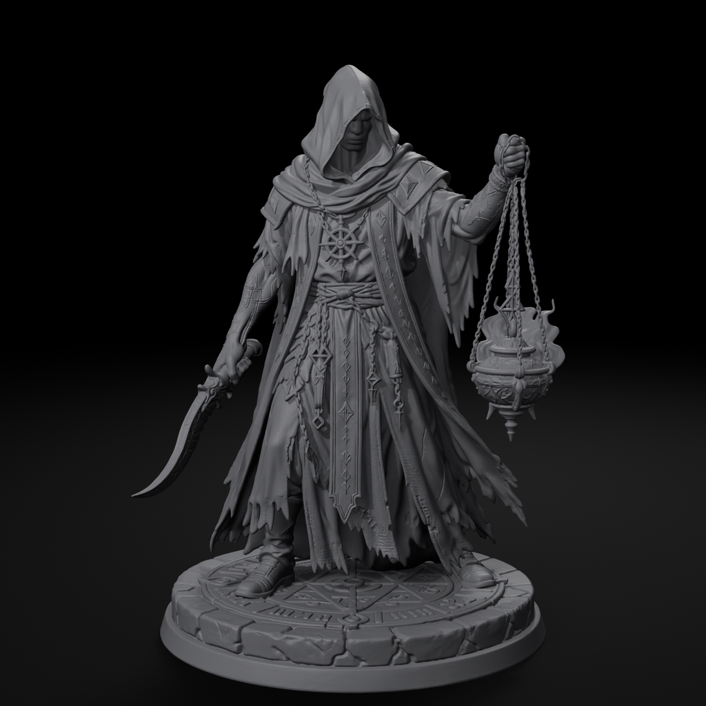 Robed cultist D&D miniature, front view, unpainted resin