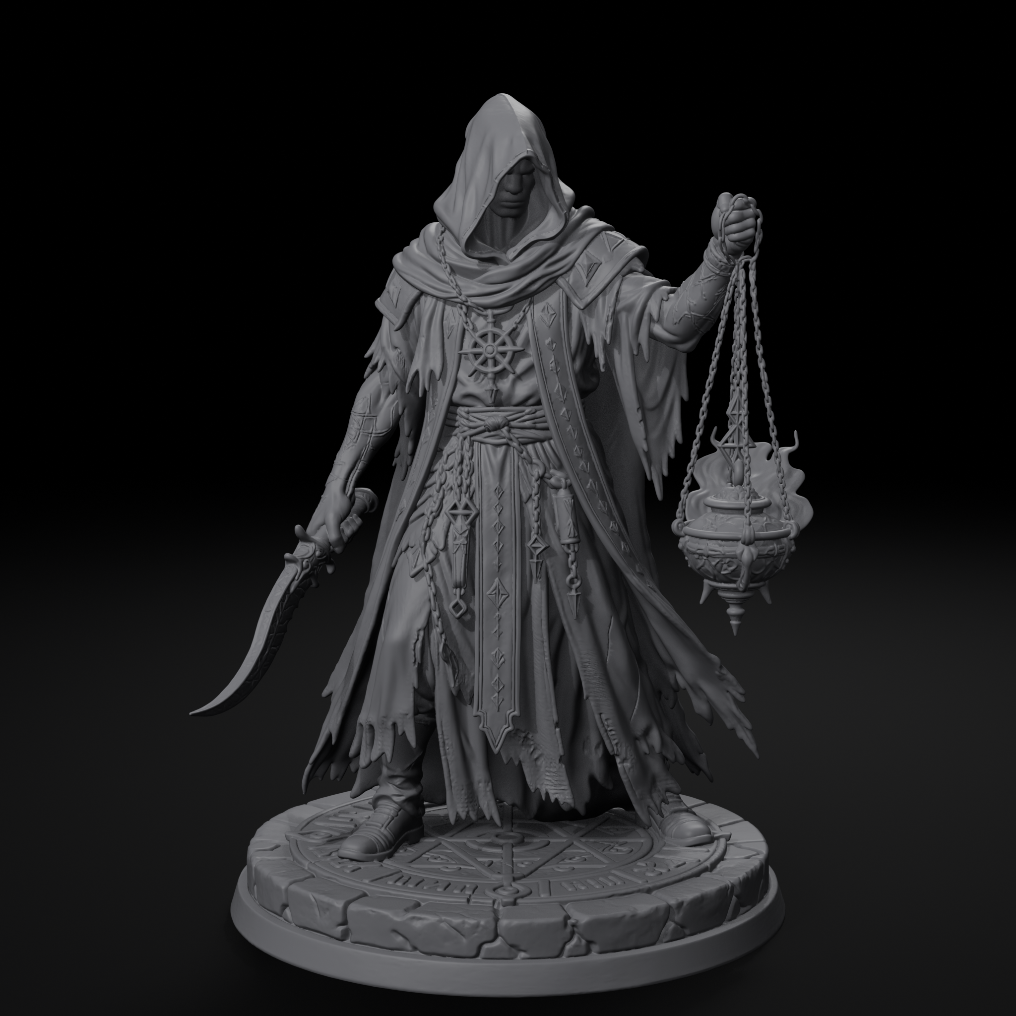 Robed cultist D&D miniature, front view, unpainted resin