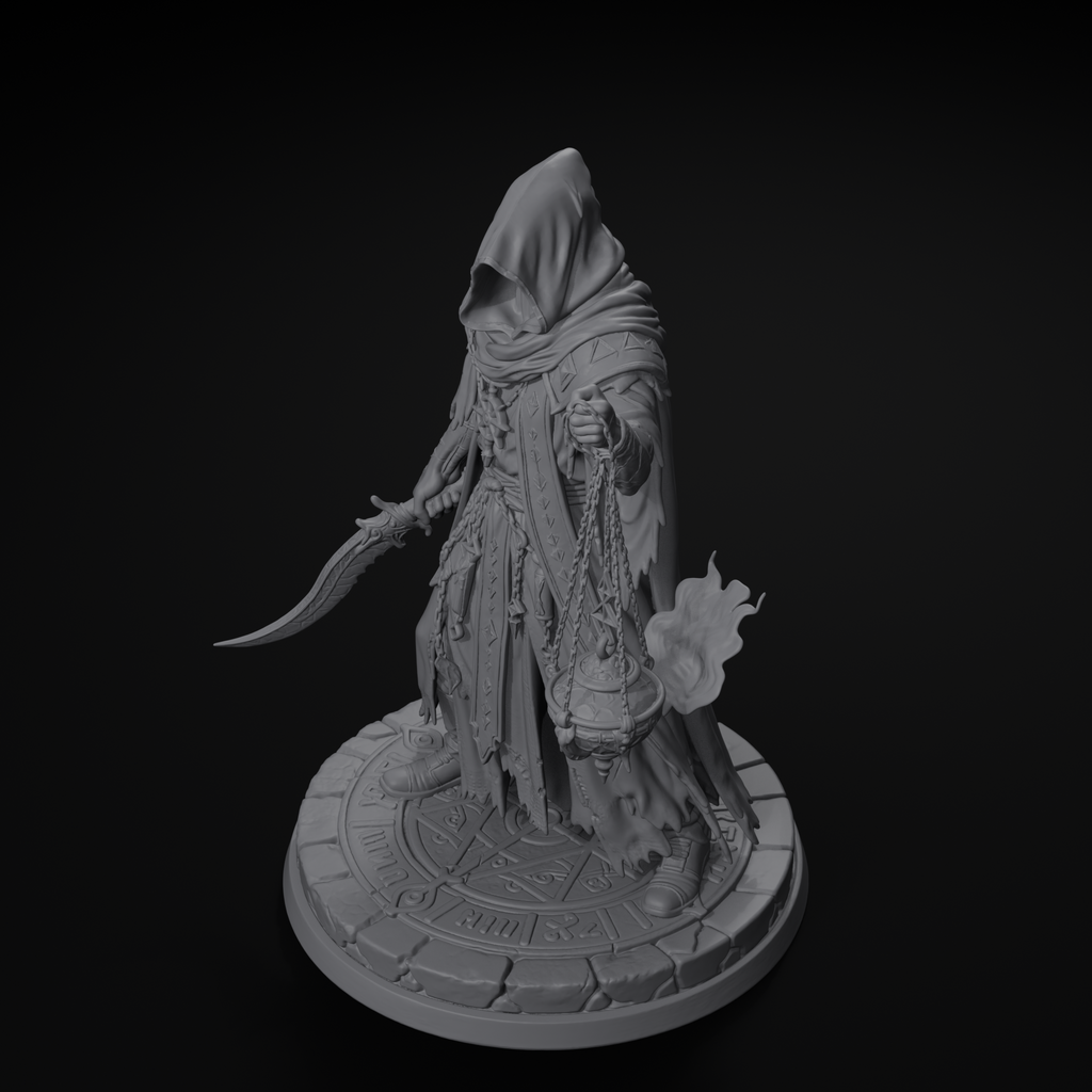 Robed cultist D&D miniature, isometric view, unpainted resin