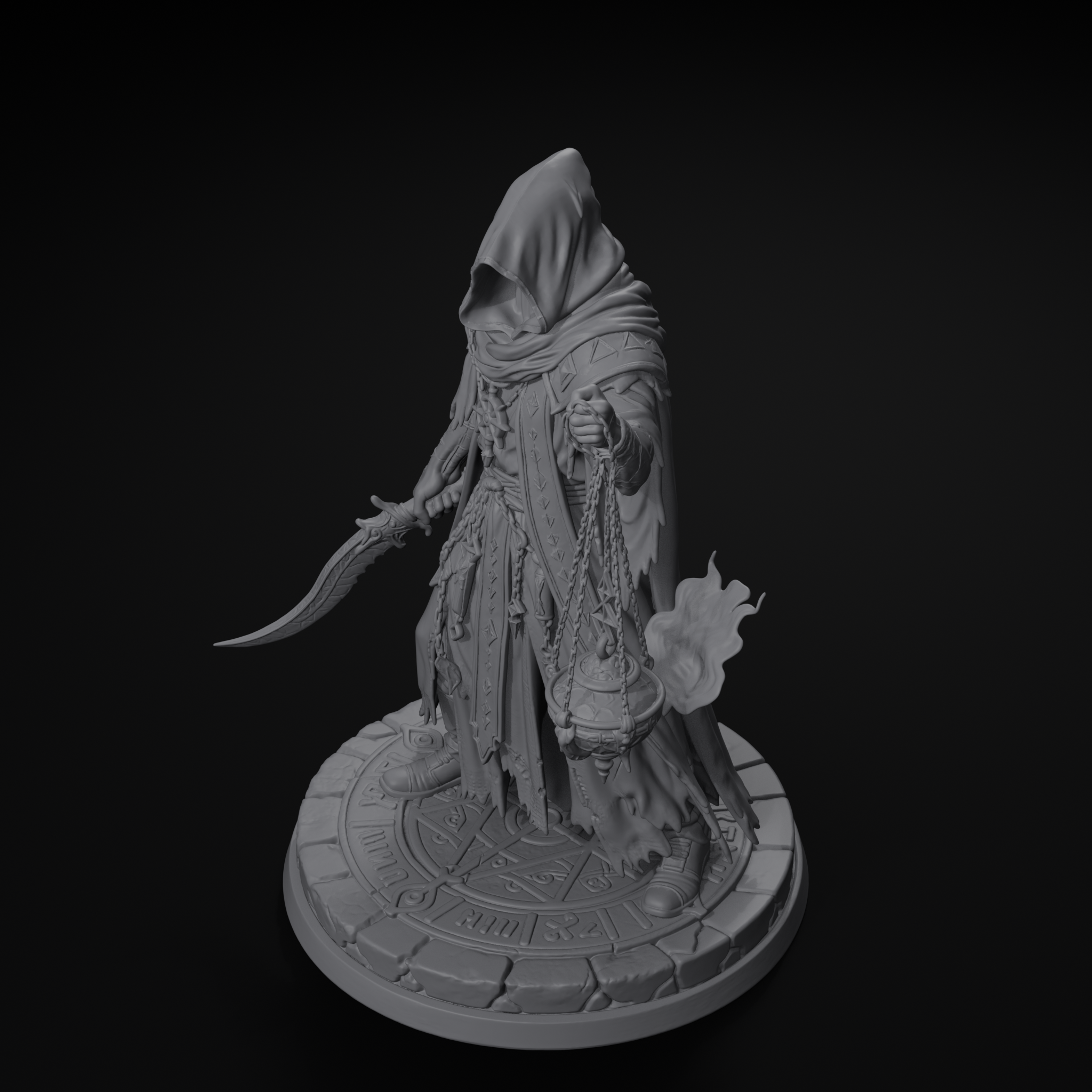 Robed cultist D&D miniature, isometric view, unpainted resin