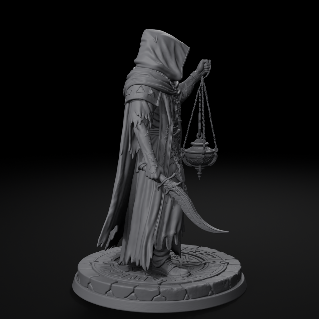 Robed cultist D&D miniature, left view, unpainted resin