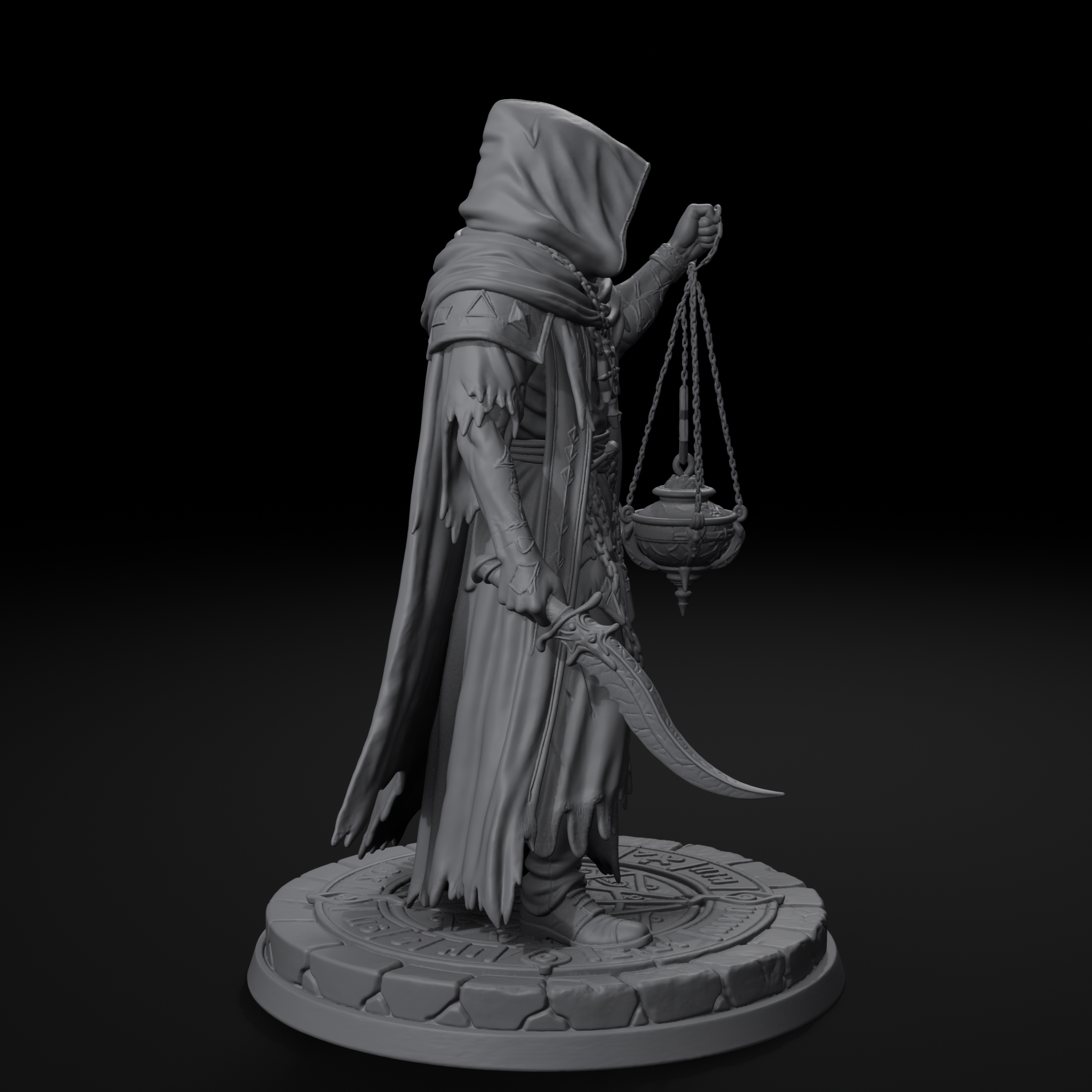 Robed cultist D&D miniature, left view, unpainted resin